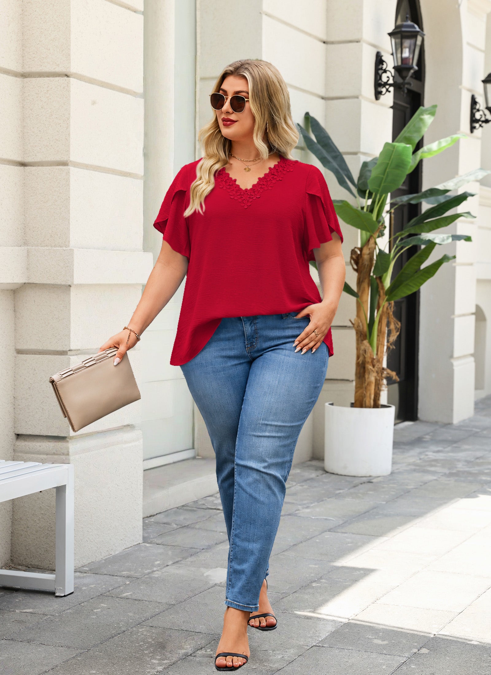 Women's V-Neck Floral Lace Trim Blouse – Loose Fit Plus Size Top, Red