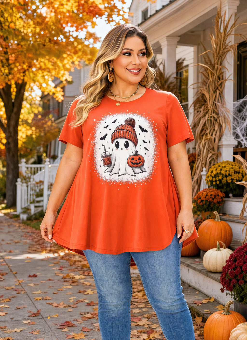 Orange Halloween Tunic Top for Women – Flowy Swing Blouse, Plus Size