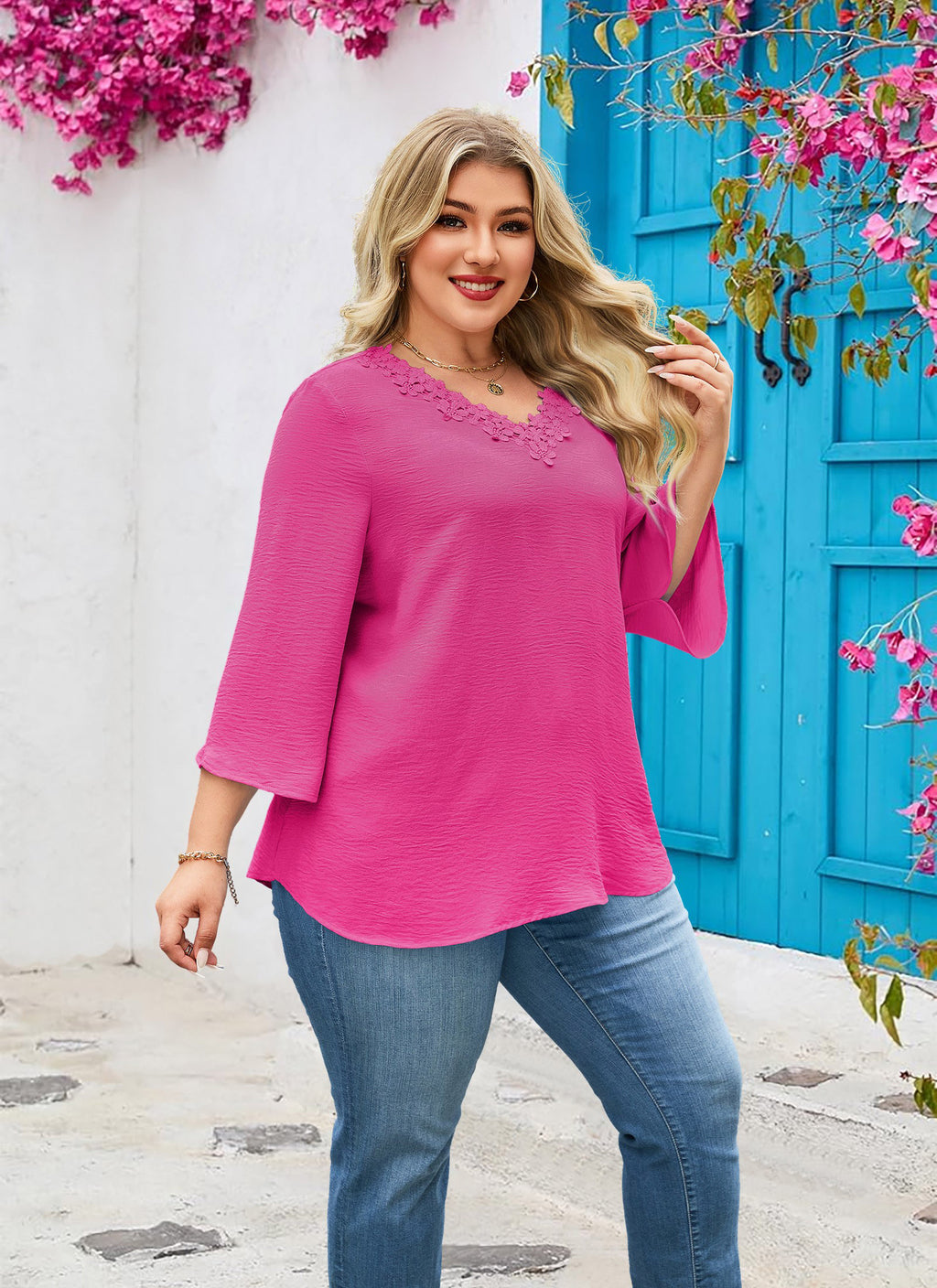 Womens Plus Size Blouses Dressy Casual 3/4 Sleeve Elegant V Neck Floral Trim Ladies Tunics Tops