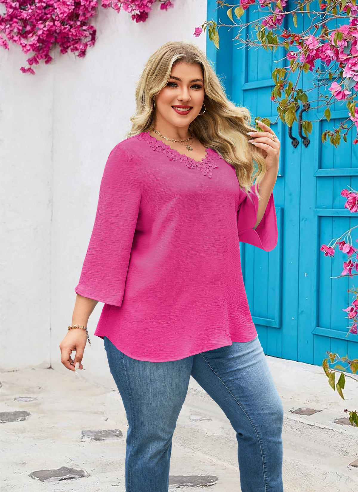 Womens Plus Size Blouses Dressy Casual 3/4 Sleeve Elegant V Neck Floral Trim Ladies Tunics Tops