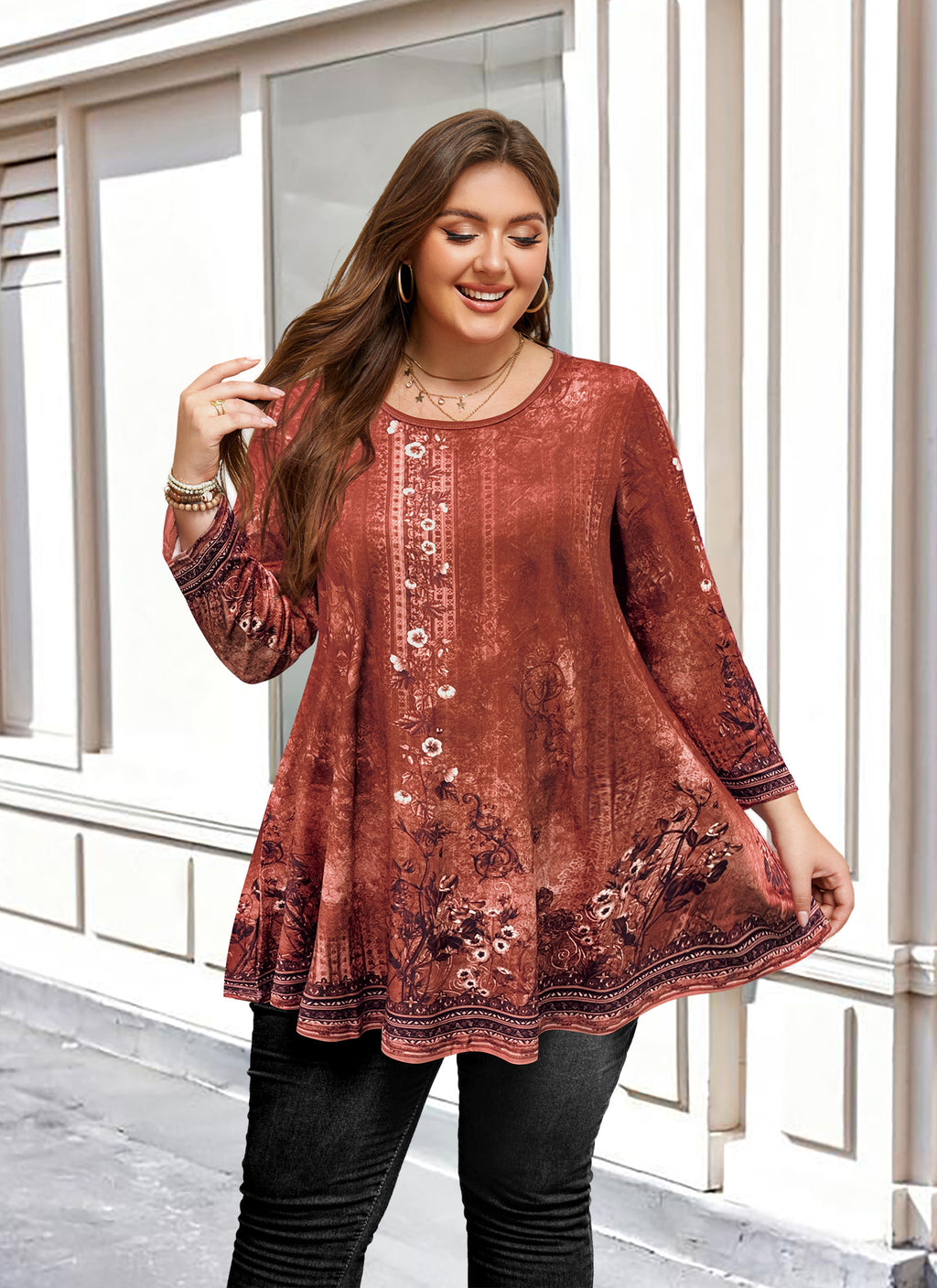 Tunic Tops for Women Plus Size 3/4 Sleeve Crew Neck Swing Flare Loose T-Shirt Blouses to Wear with Leggings
