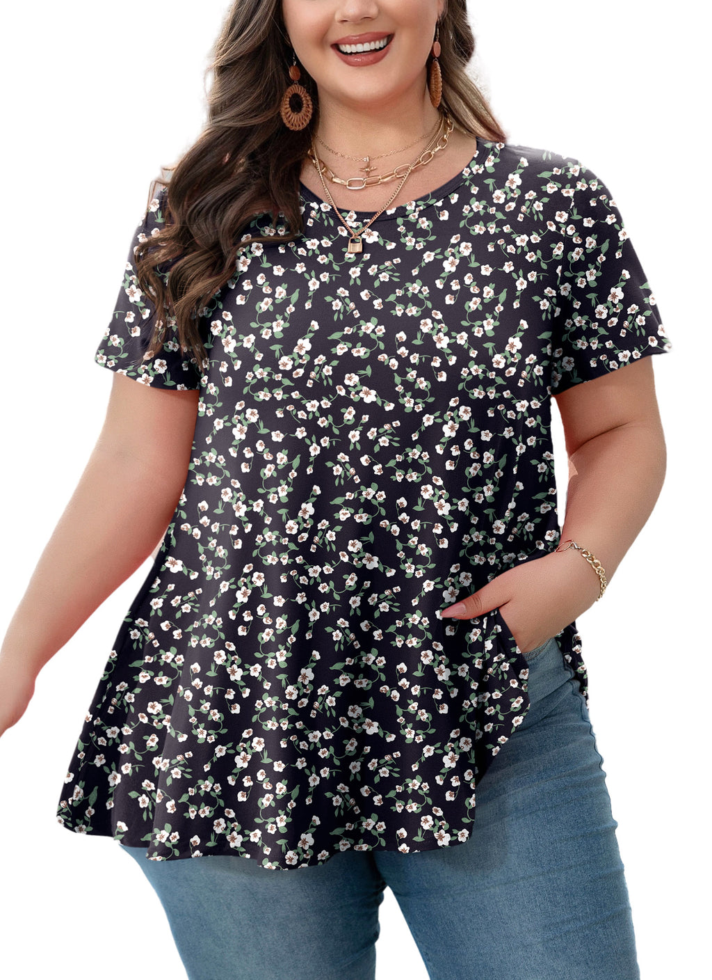 Womens Plus Size Tops Short Sleeve Swing Flare Flowy Tunic Loose Fit Summer Casual Blouses to Wear with Leggings