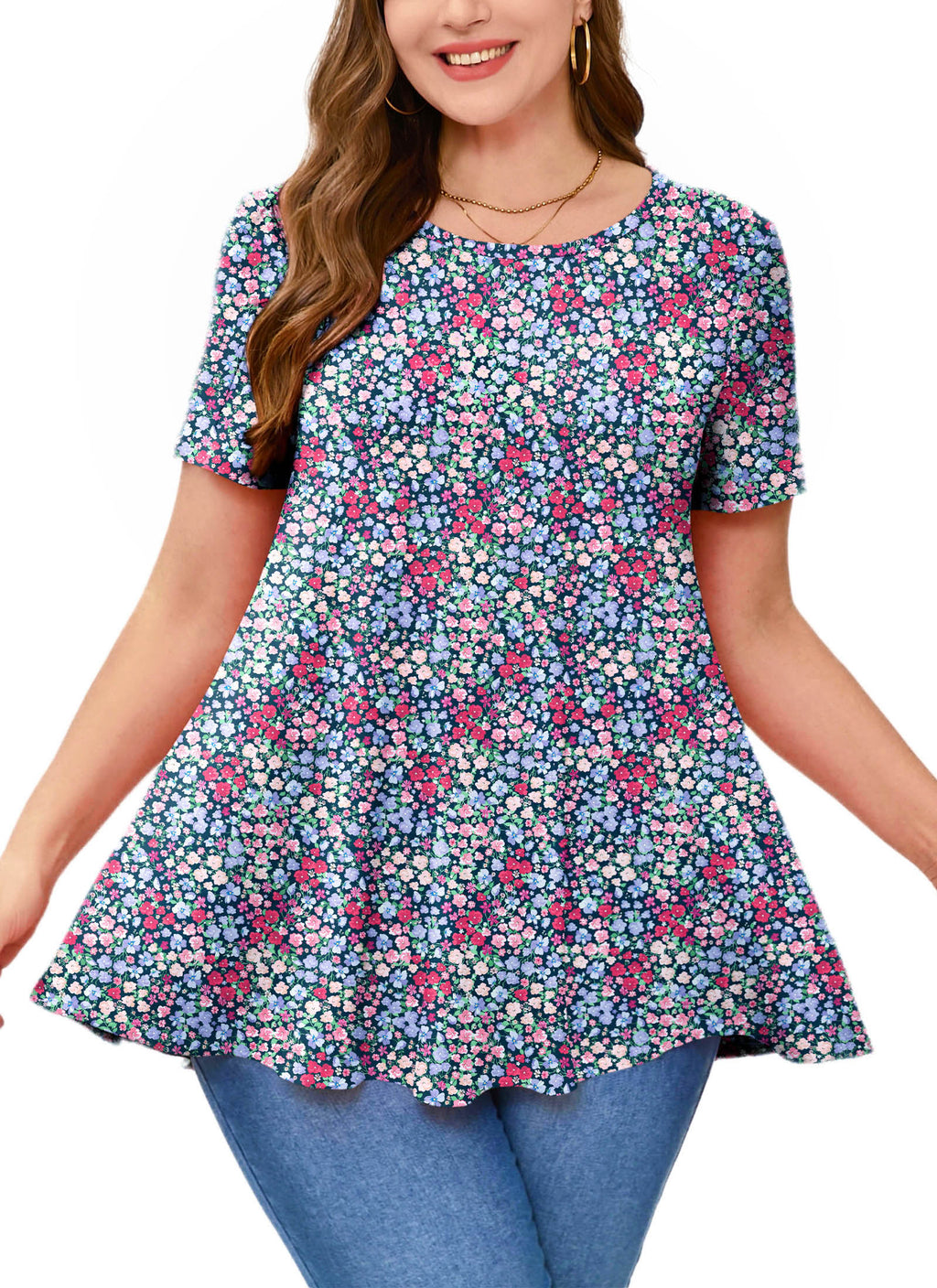 Tunic Tops for Women Plus Size Short Sleeve Crew Neck Swing Flare Loose T-Shirt Blouses to Wear with Leggings