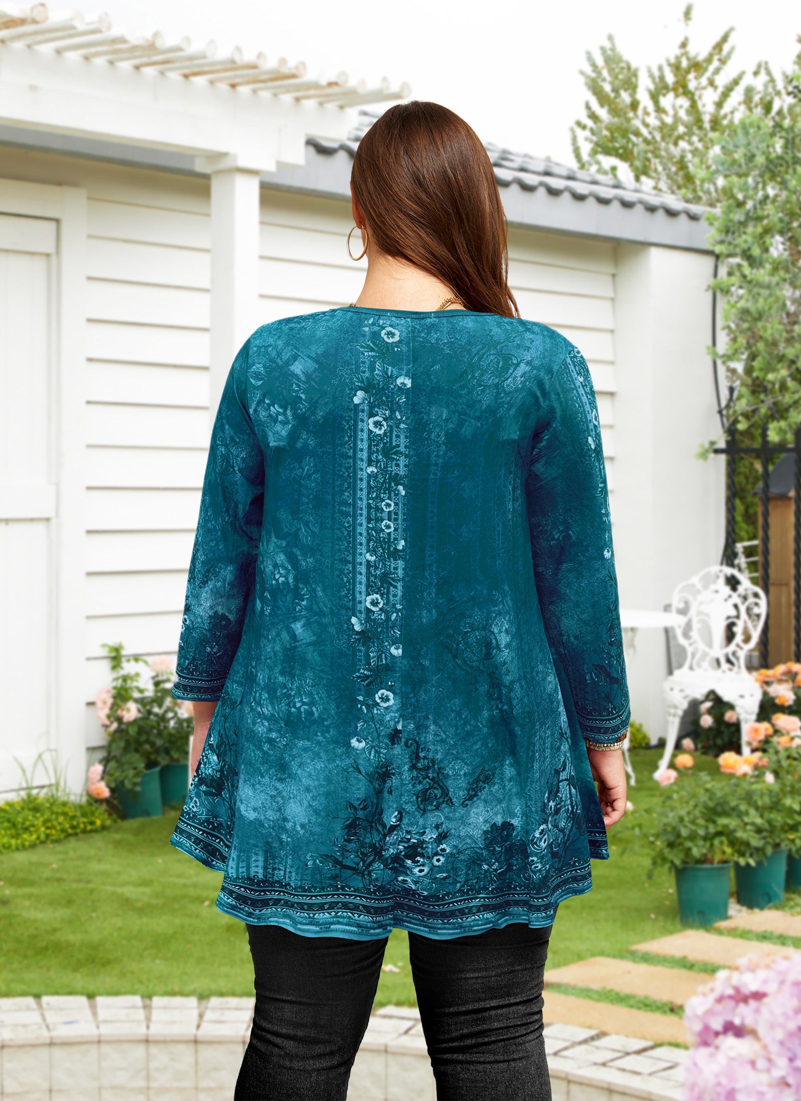 Womens Tunic 3/4 Sleeve Plus Size Tops Crew Neck Swing Flowy Loose Fit T-Shirt Blouses to Wear with Leggings