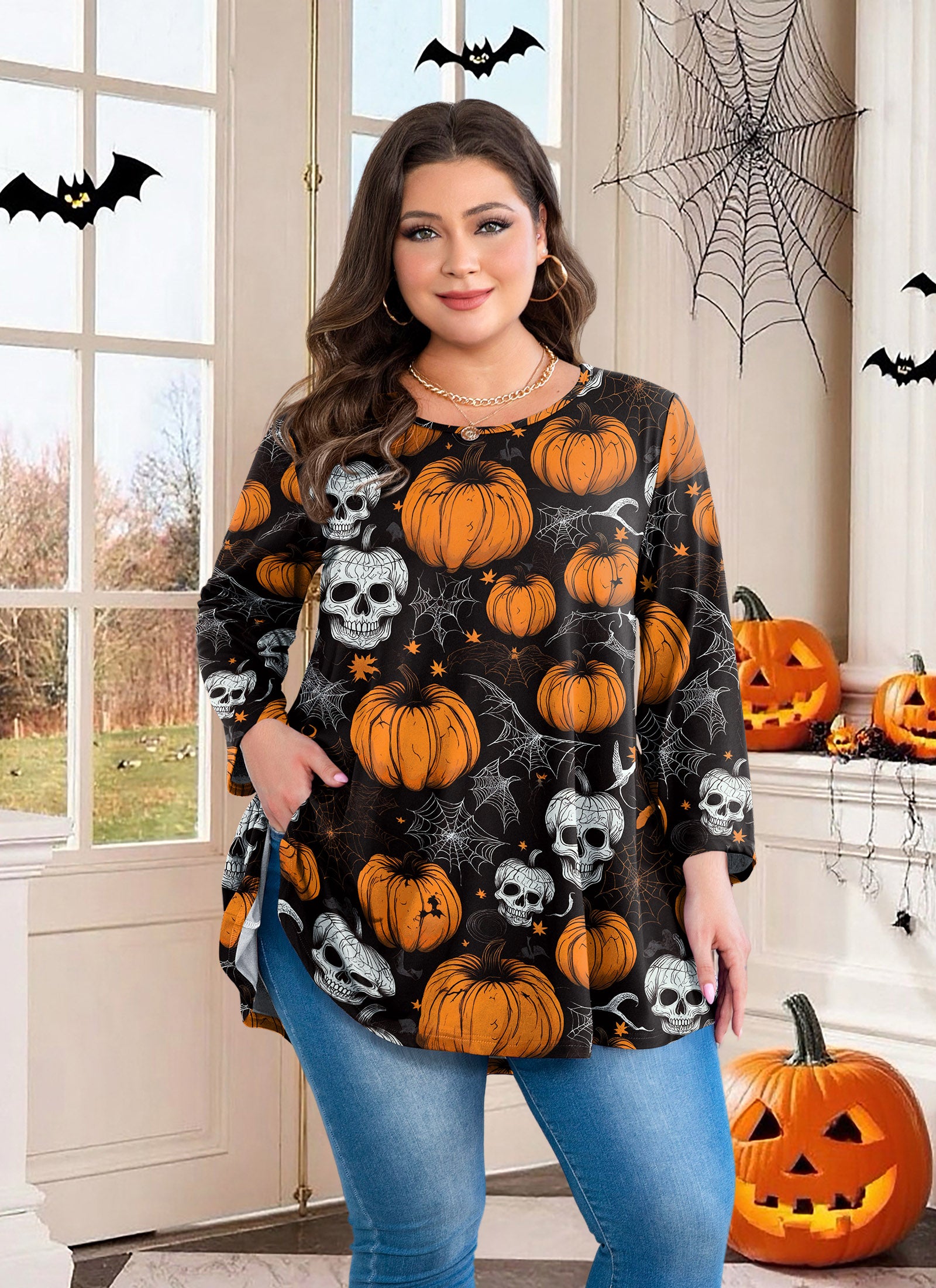 Womens Tunic 3/4 Sleeve Plus Size Tops Crew Neck Swing Flowy Loose Fit T-Shirt Blouses to Wear with Leggings