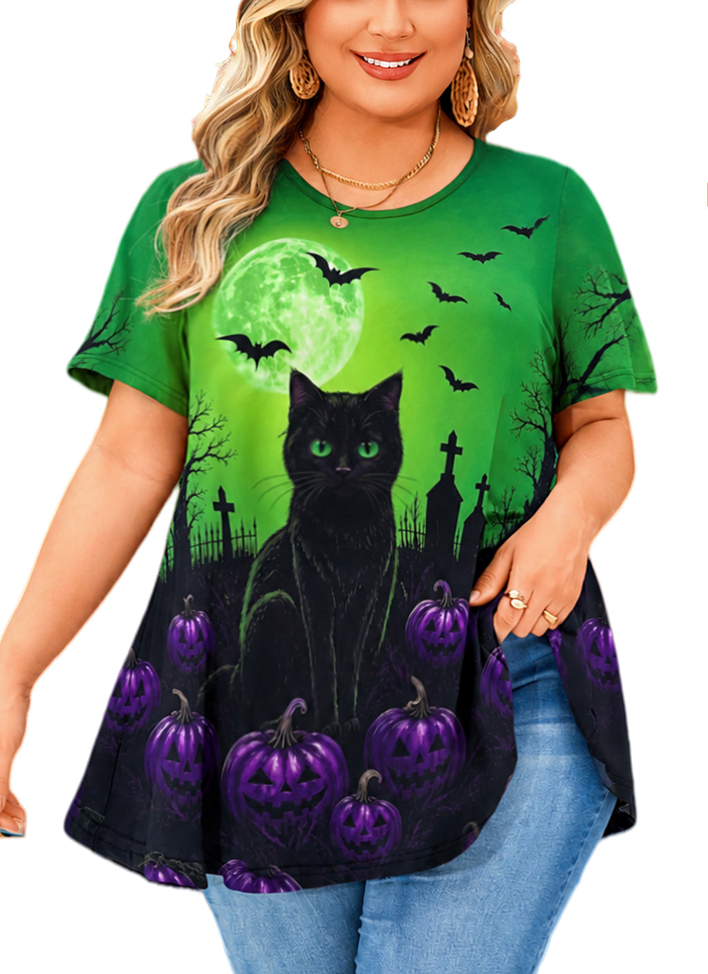 Green Halloween Tunic Top for Women – Flowy Swing Blouse, Plus Size