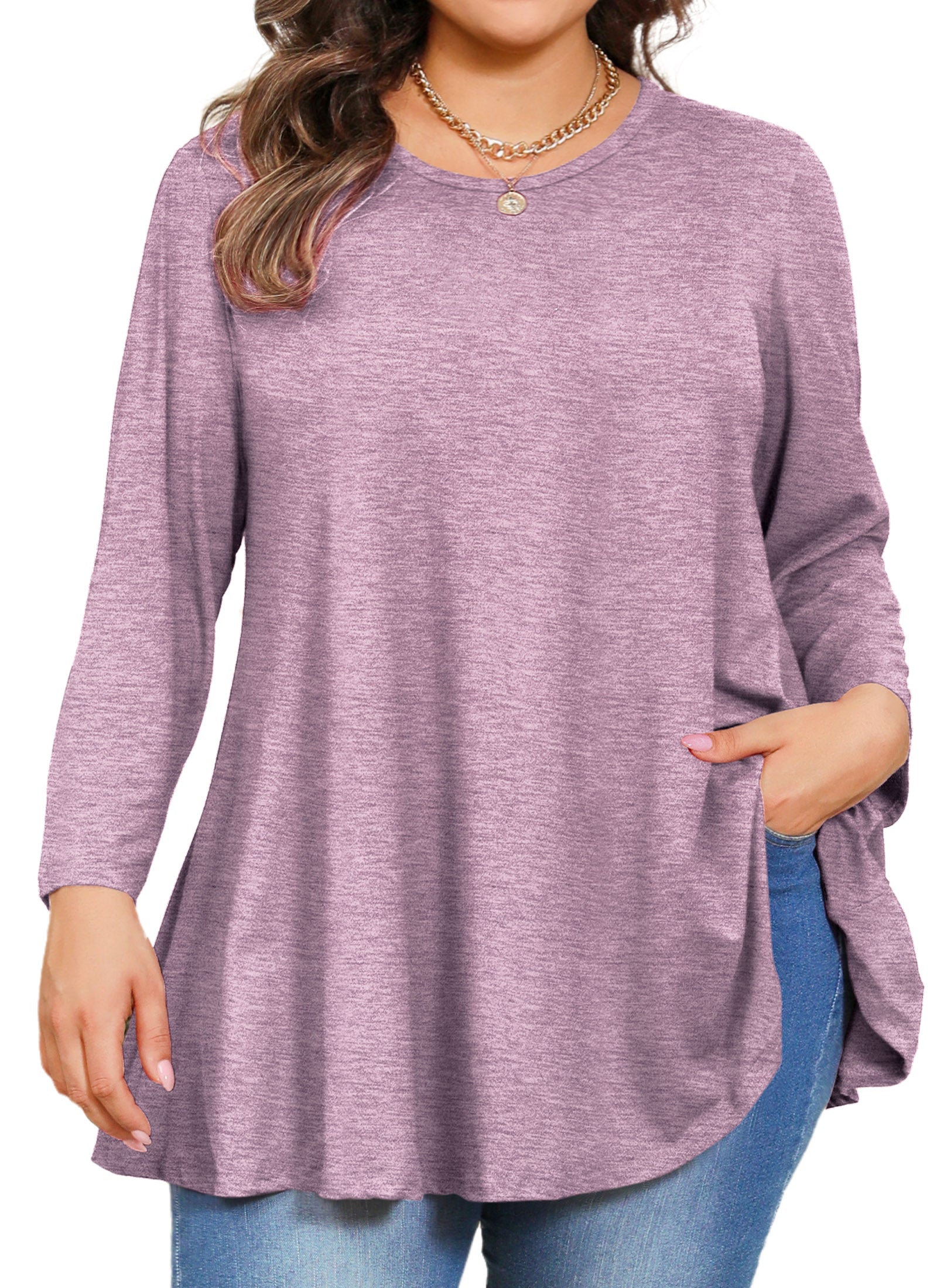Womens Tunic 3/4 Sleeve Plus Size Tops Crew Neck Swing Flowy Loose Fit T-Shirt Blouses to Wear with Leggings