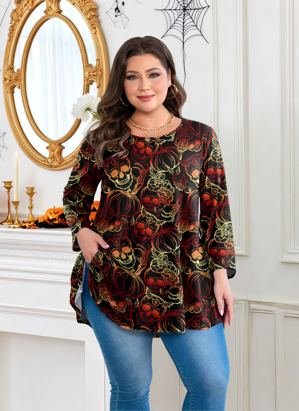 Womens Tunic 3/4 Sleeve Plus Size Tops Crew Neck Swing Flowy Loose Fit T-Shirt Blouses to Wear with Leggings