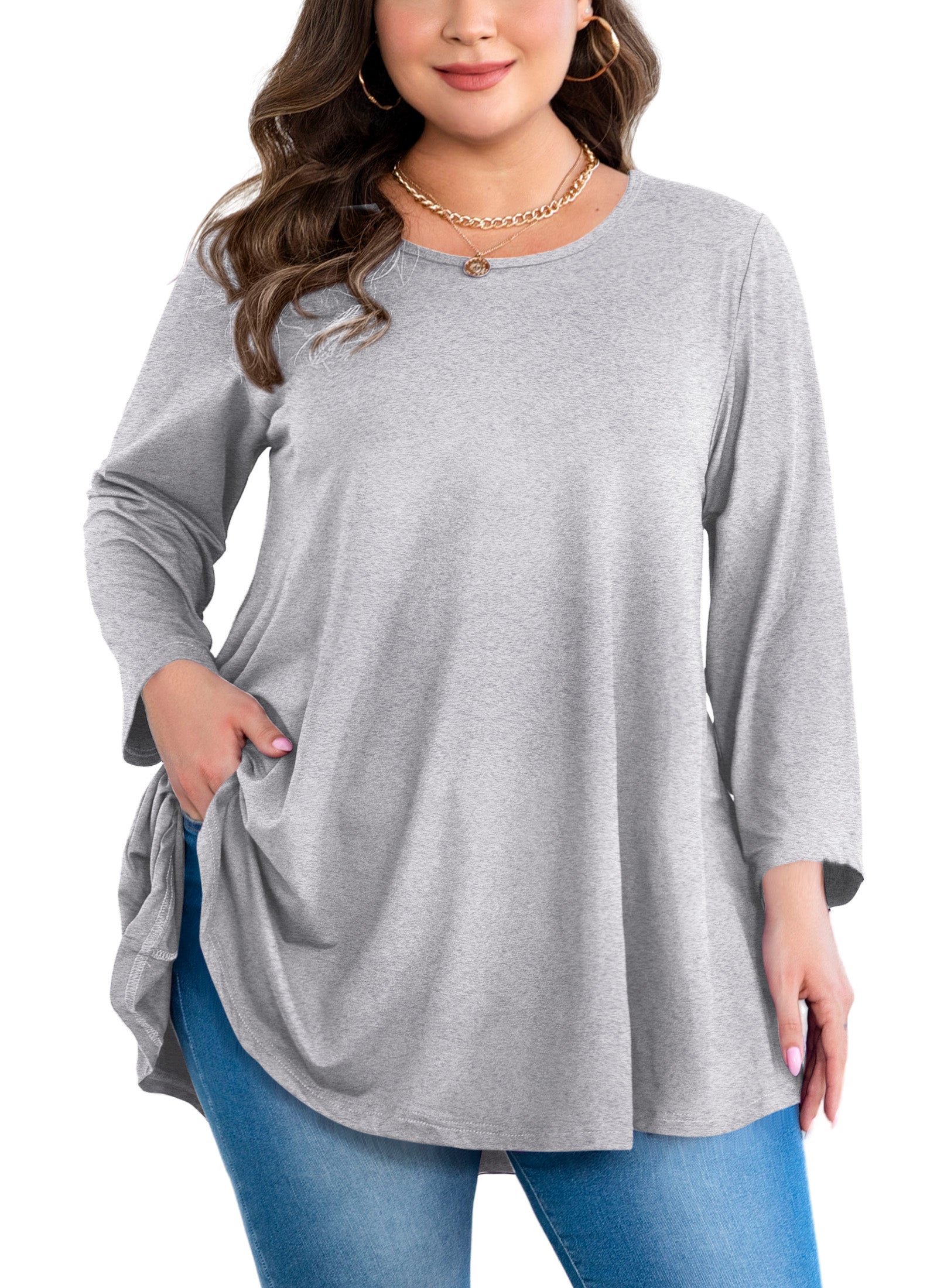 Tunic Tops for Women Plus Size 3/4 Sleeve Crew Neck Swing Flare Loose T-Shirt Blouses to Wear with Leggings