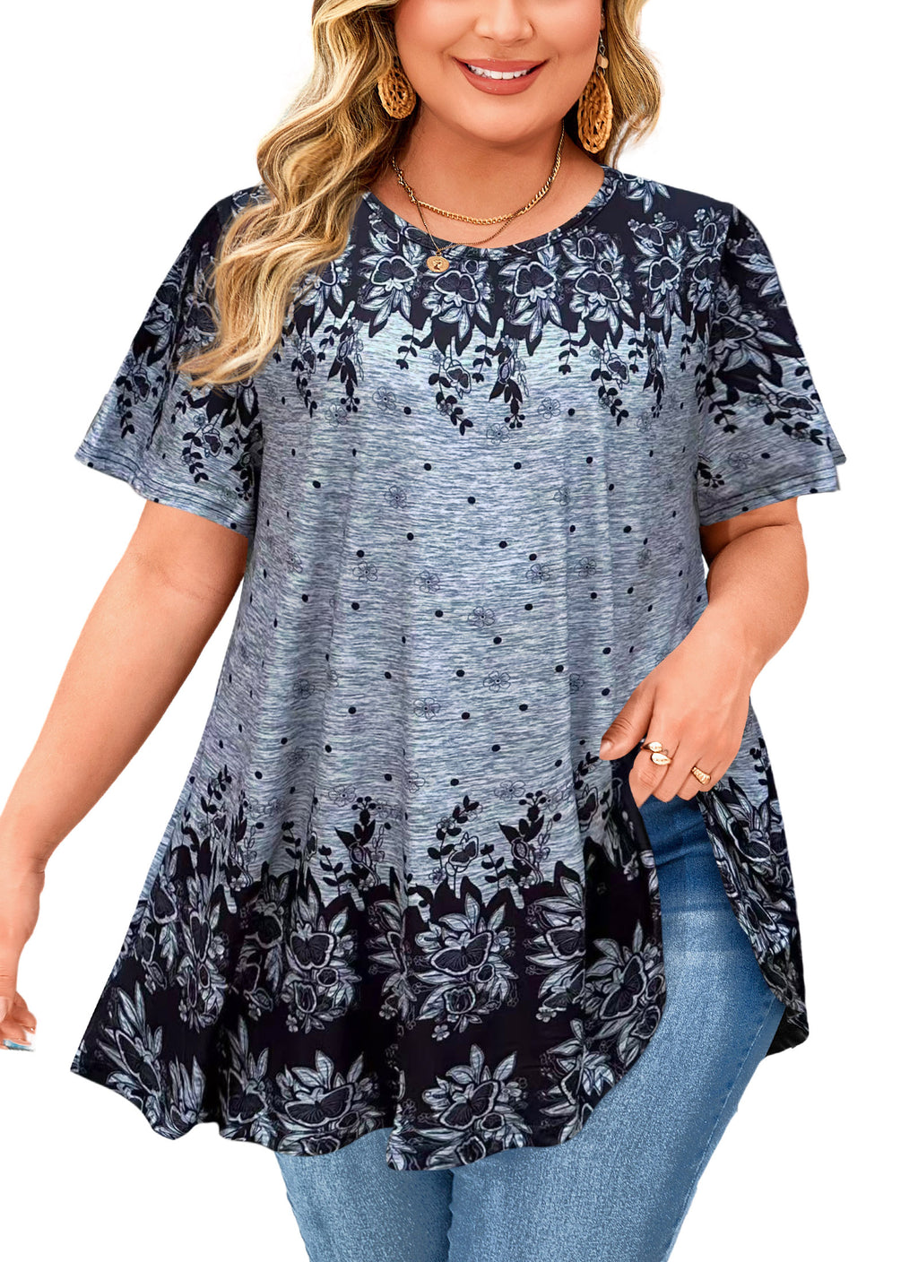 Womens Plus Size Tops Short Sleeve Swing Flare Flowy Tunic Loose Fit Summer Casual Blouses to Wear with Leggings