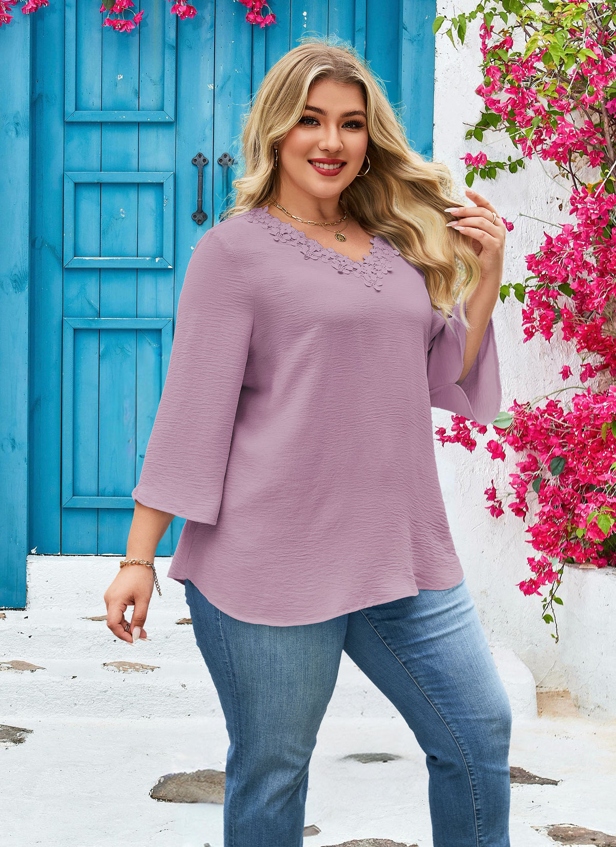 Womens Plus Size Blouses Dressy Casual 3/4 Sleeve Elegant V Neck Floral Trim Ladies Tunics Tops