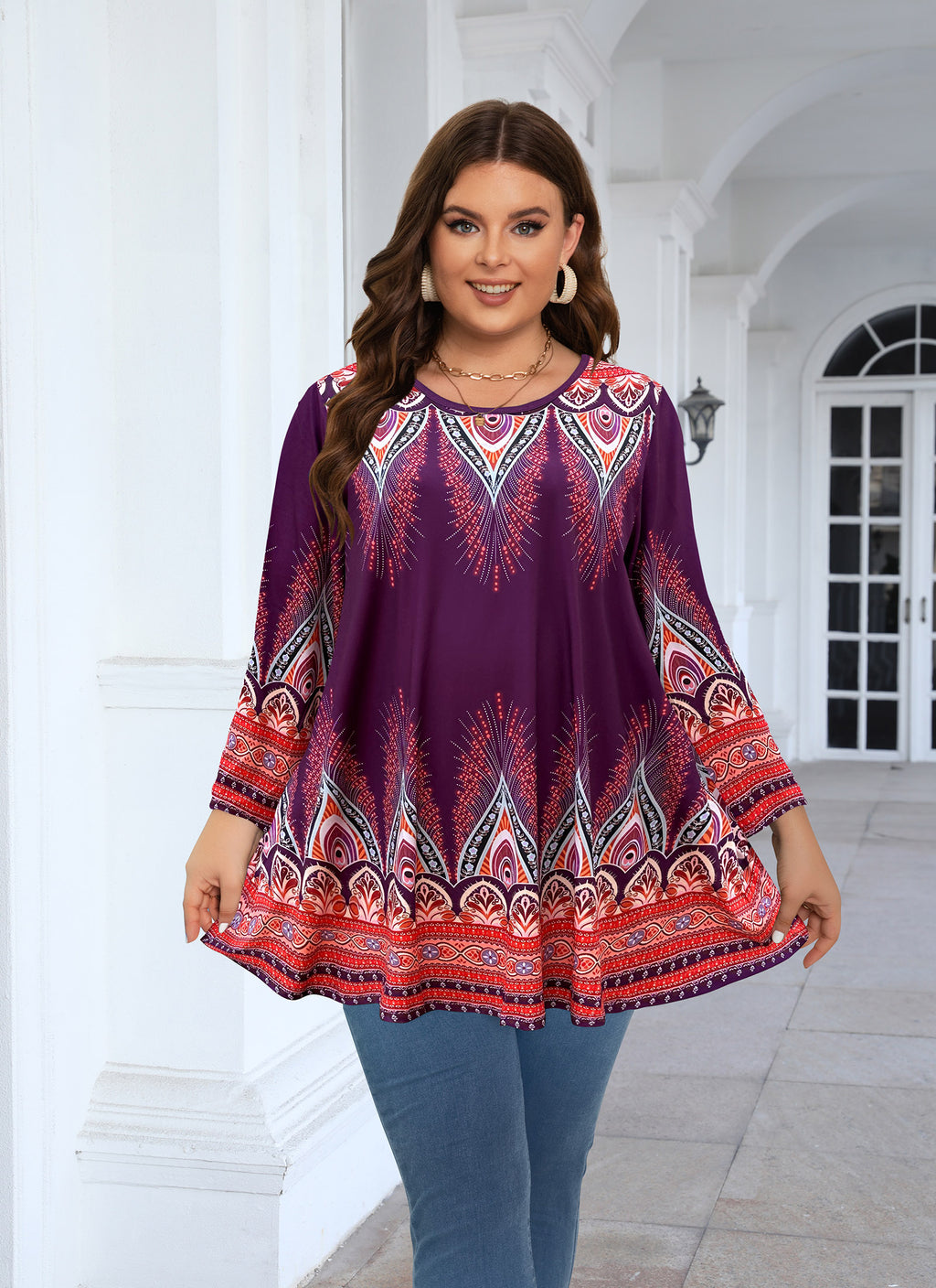 Womens Tunic 3/4 Sleeve Plus Size Tops Crew Neck Swing Flowy Loose Fit T-Shirt Blouses to Wear with Leggings