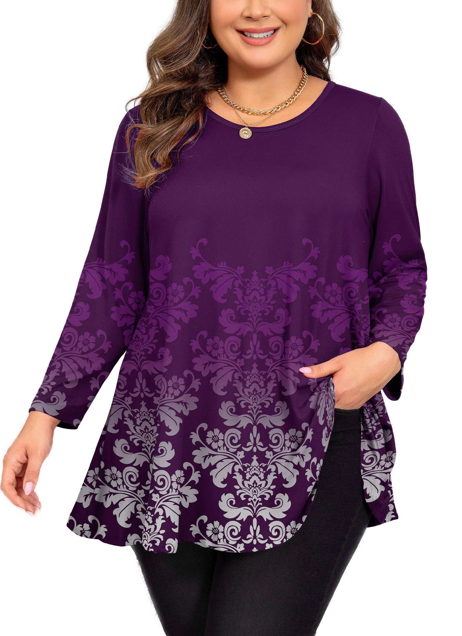 Womens Tunic 3/4 Sleeve Plus Size Tops Crew Neck Swing Flowy Loose Fit T-Shirt Blouses to Wear with Leggings
