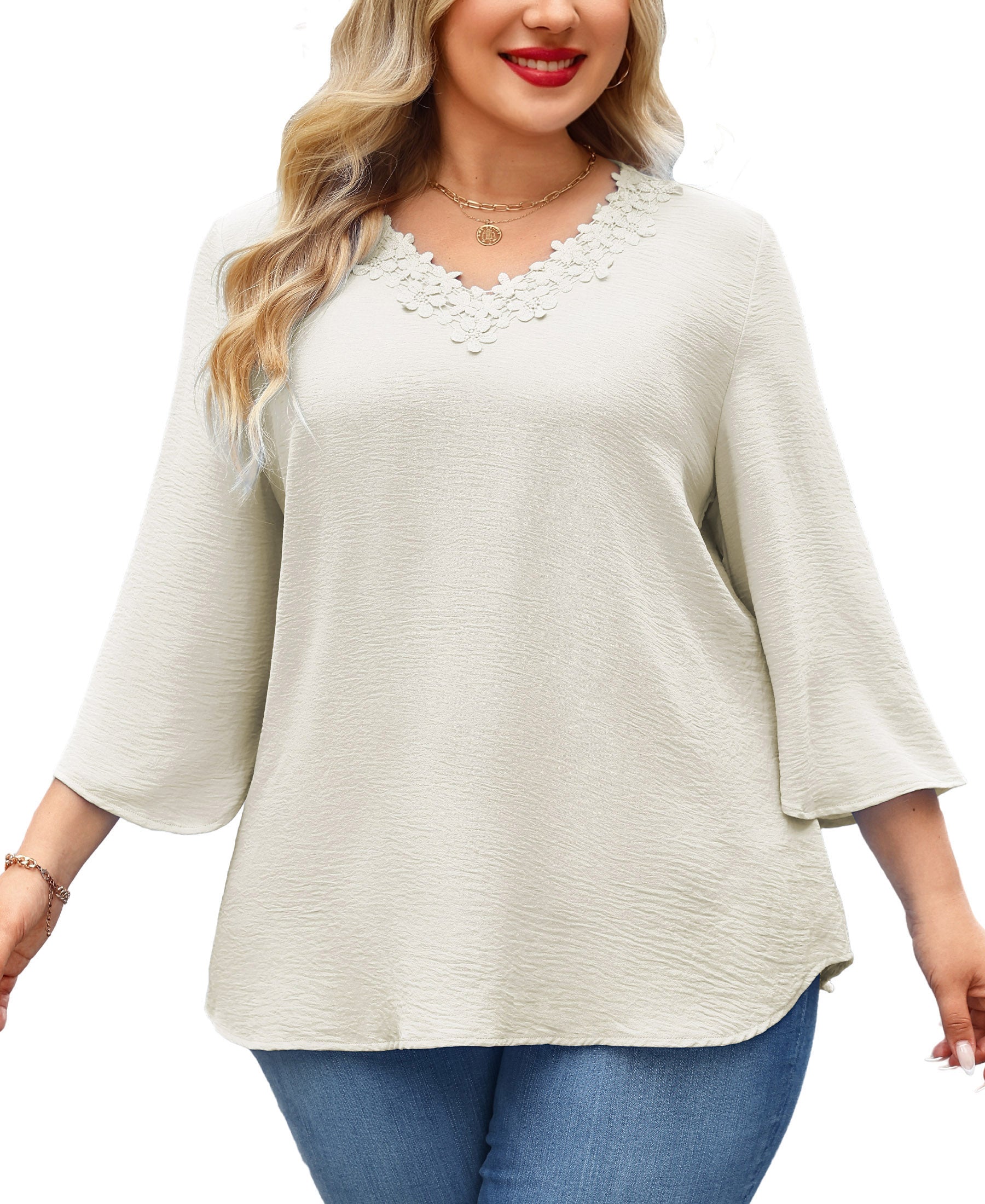 Womens Plus Size Blouses Dressy Casual 3/4 Sleeve Elegant V Neck Floral Trim Ladies Tunics Tops