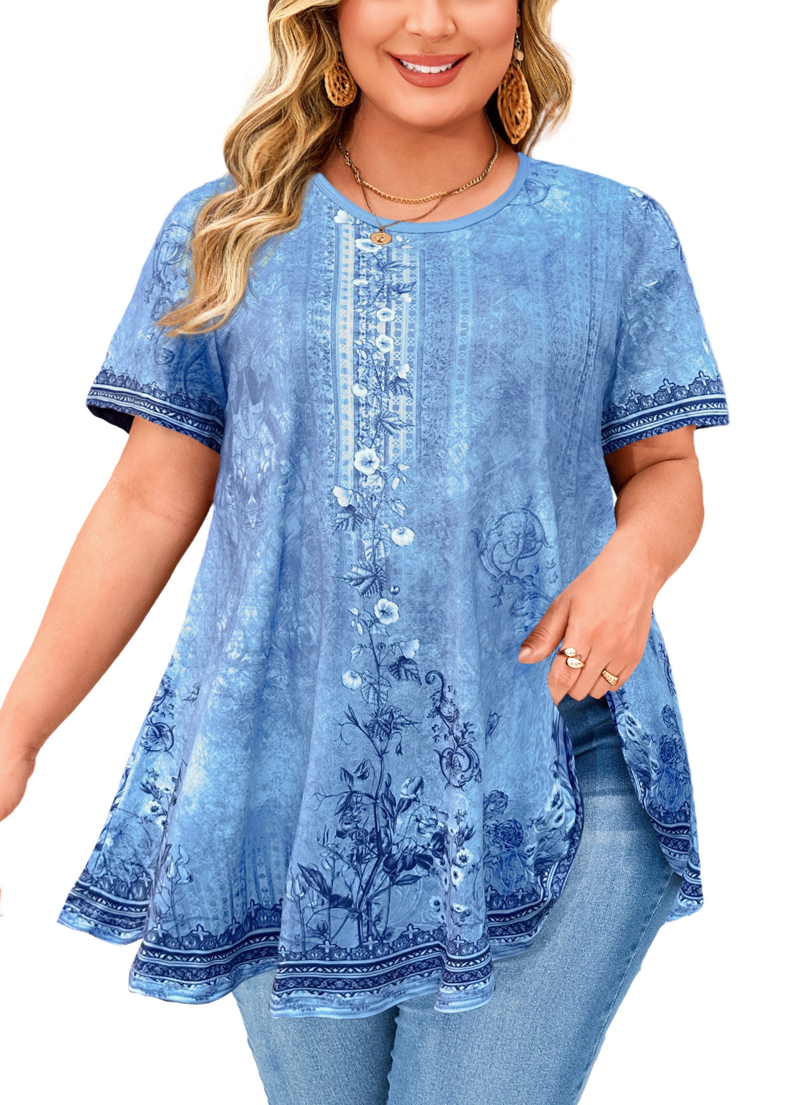 Tunic Tops for Women Plus Size Short Sleeve Crew Neck Swing Flare Loose T-Shirt Blouses to Wear with Leggings