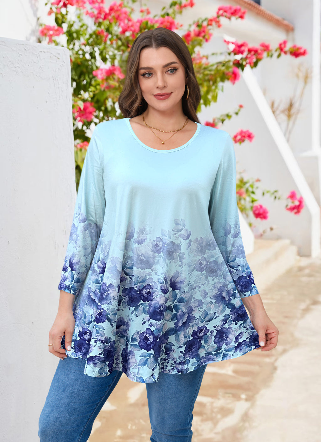 Tunic Tops for Women Plus Size 3/4 Sleeve Crew Neck Swing Flare Loose T-Shirt Blouses to Wear with Leggings