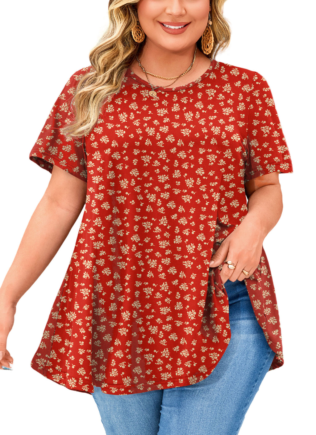 Tunic Tops for Women Plus Size Short Sleeve Crew Neck Swing Flare Loose T-Shirt Blouses to Wear with Leggings