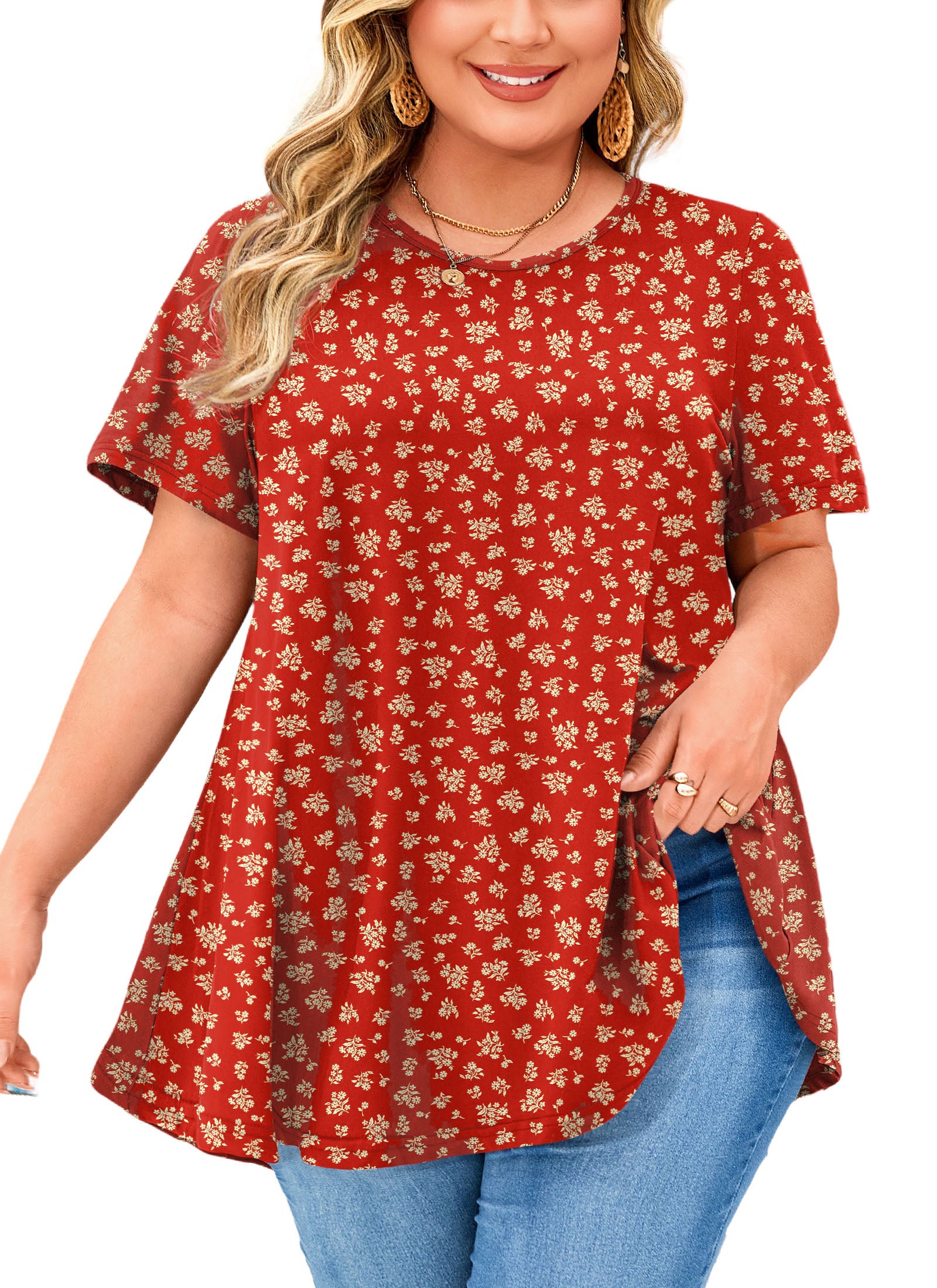 Tunic Tops for Women Plus Size Short Sleeve Crew Neck Swing Flare Loose T-Shirt Blouses to Wear with Leggings