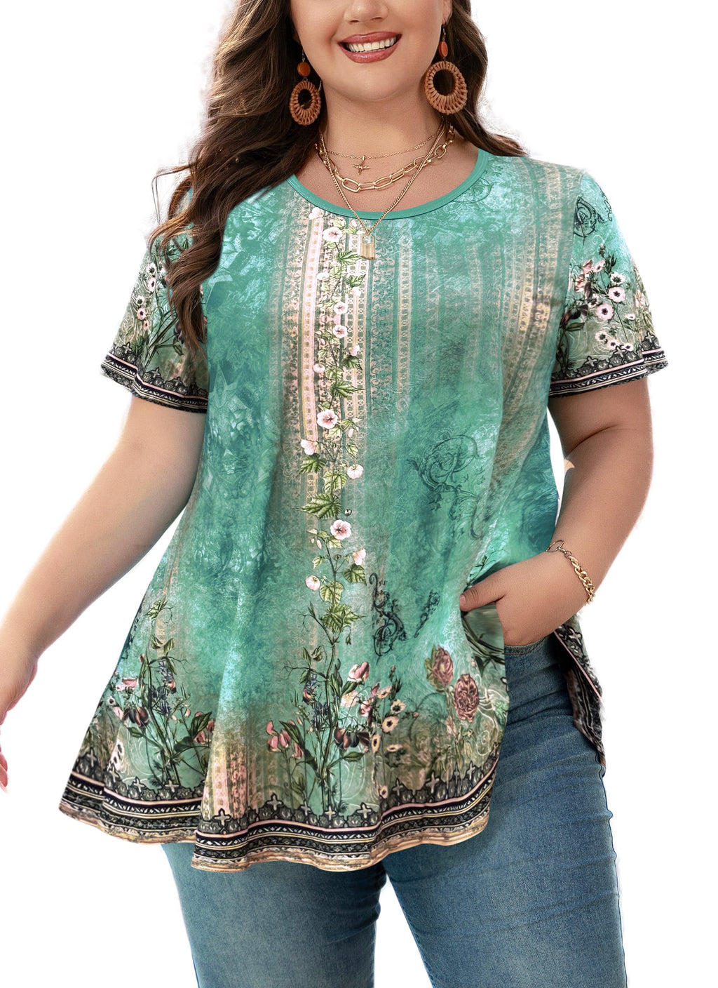 Tunic Tops for Women Plus Size Short Sleeve Crew Neck Swing Flare Loose T-Shirt Blouses to Wear with Leggings