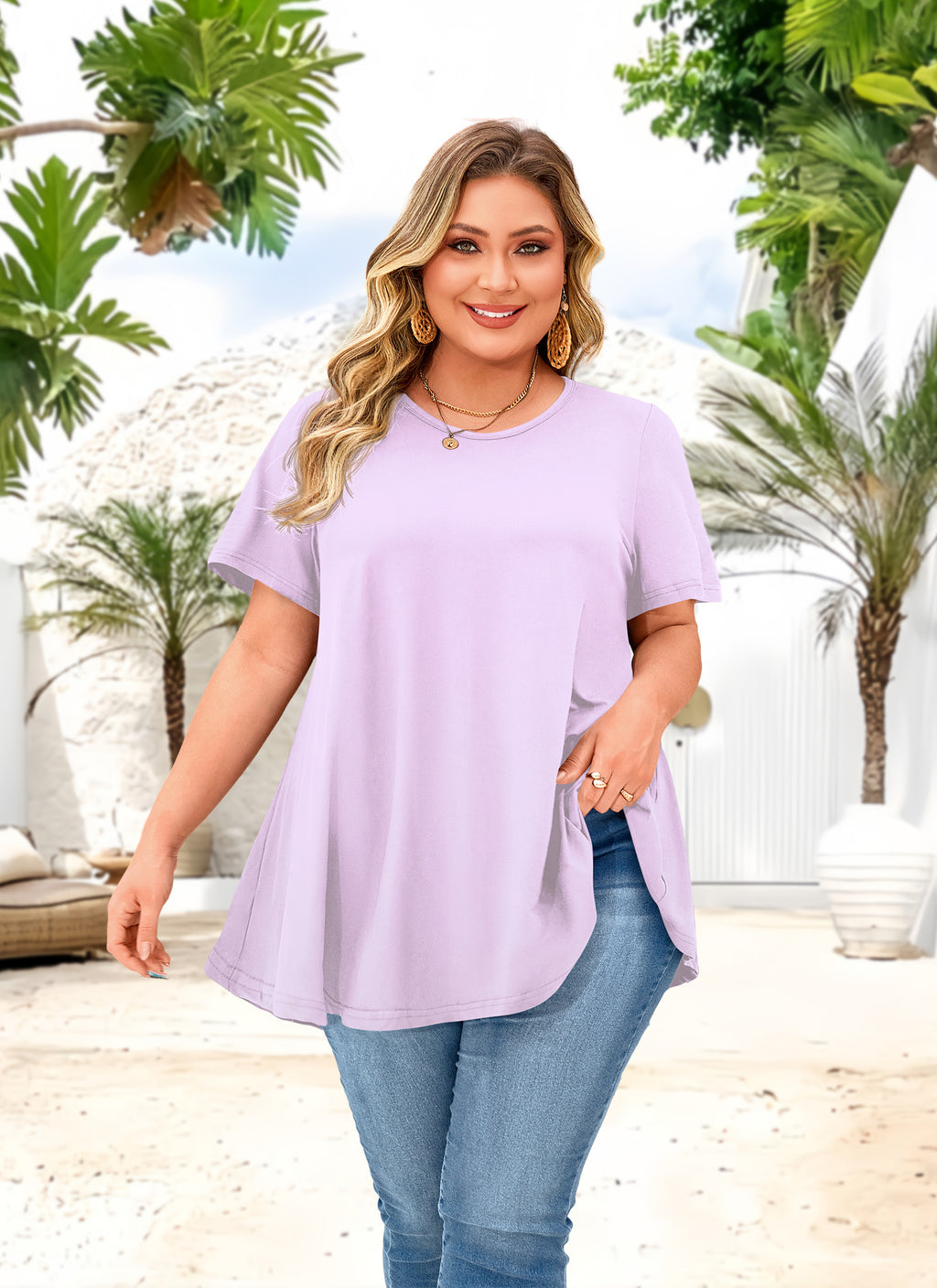 Tunic Tops for Women Plus Size Short Sleeve Crew Neck Swing Flare Loose T-Shirt Blouses to Wear with Leggings
