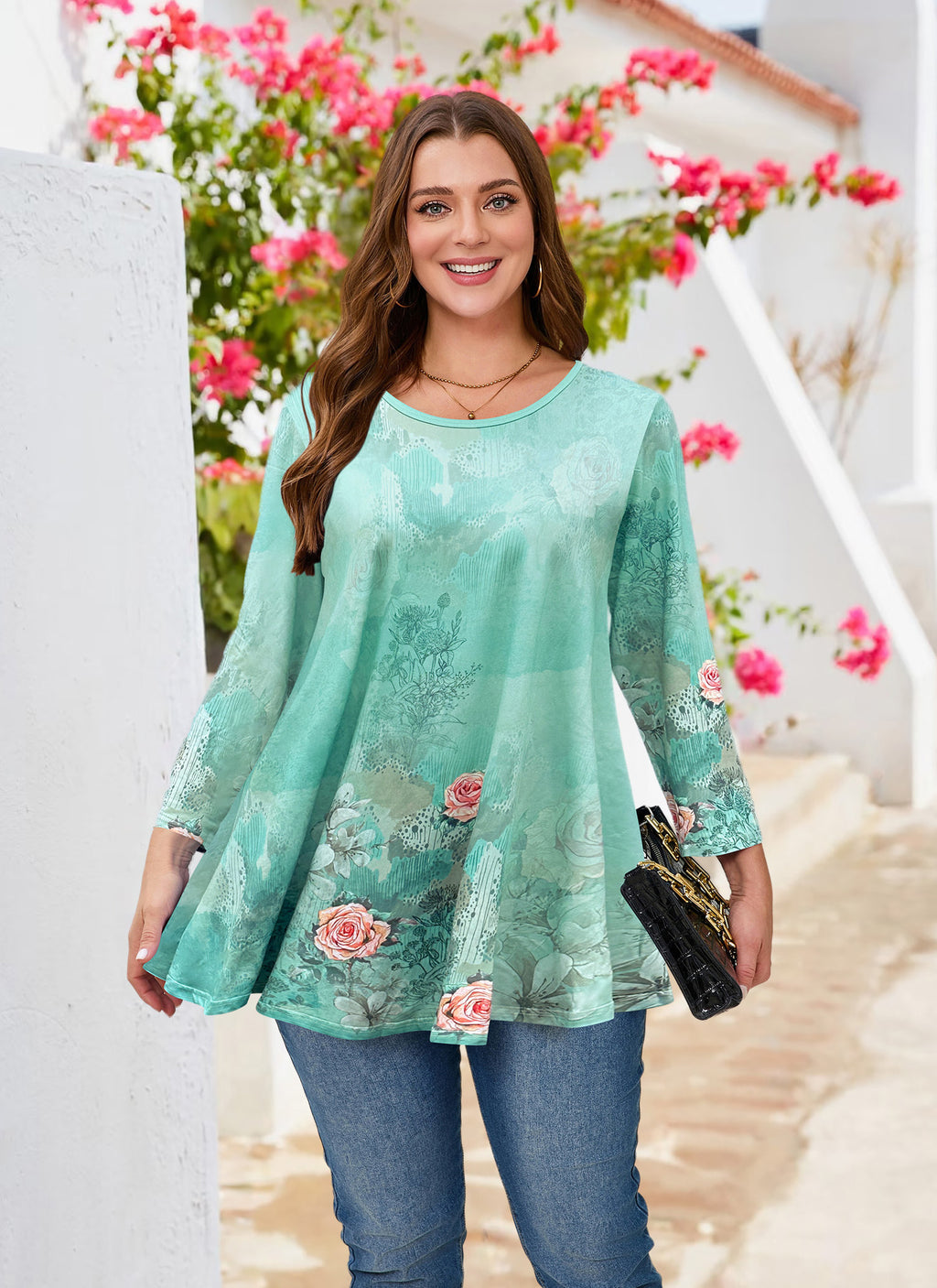 Womens Tunic Tops 3/4 Sleeve Plus Size Crew Neck Swing Flare Loose Fit T-Shirt Blouses to Wear with Leggings