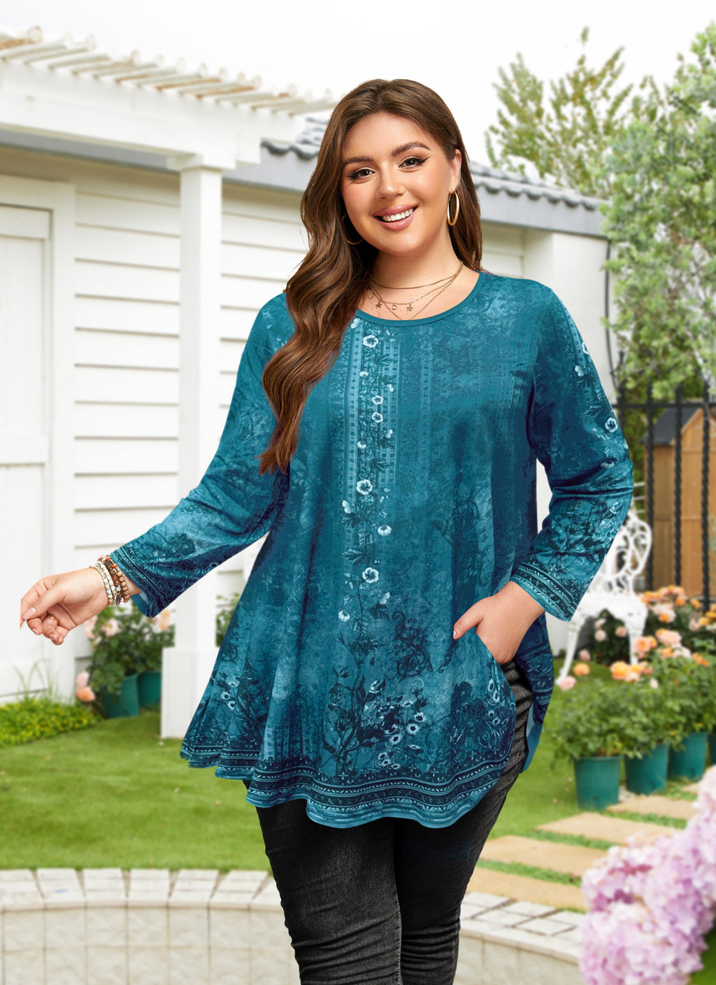 Womens Tunic 3/4 Sleeve Plus Size Tops Crew Neck Swing Flowy Loose Fit T-Shirt Blouses to Wear with Leggings