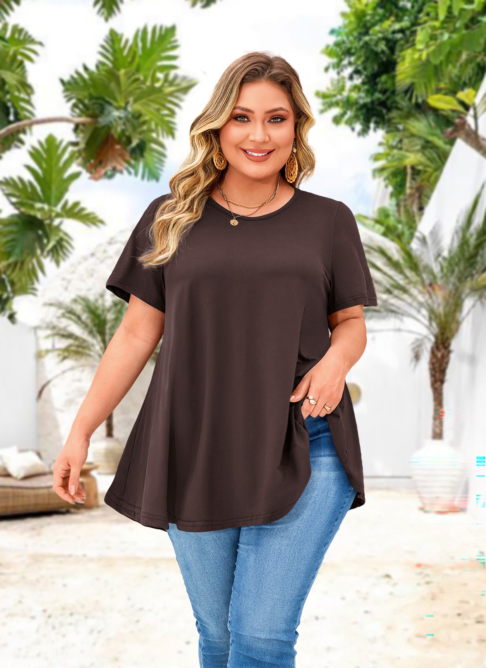 Tunic Tops for Women Plus Size Short Sleeve Crew Neck Swing Flare Loose T-Shirt Blouses to Wear with Leggings
