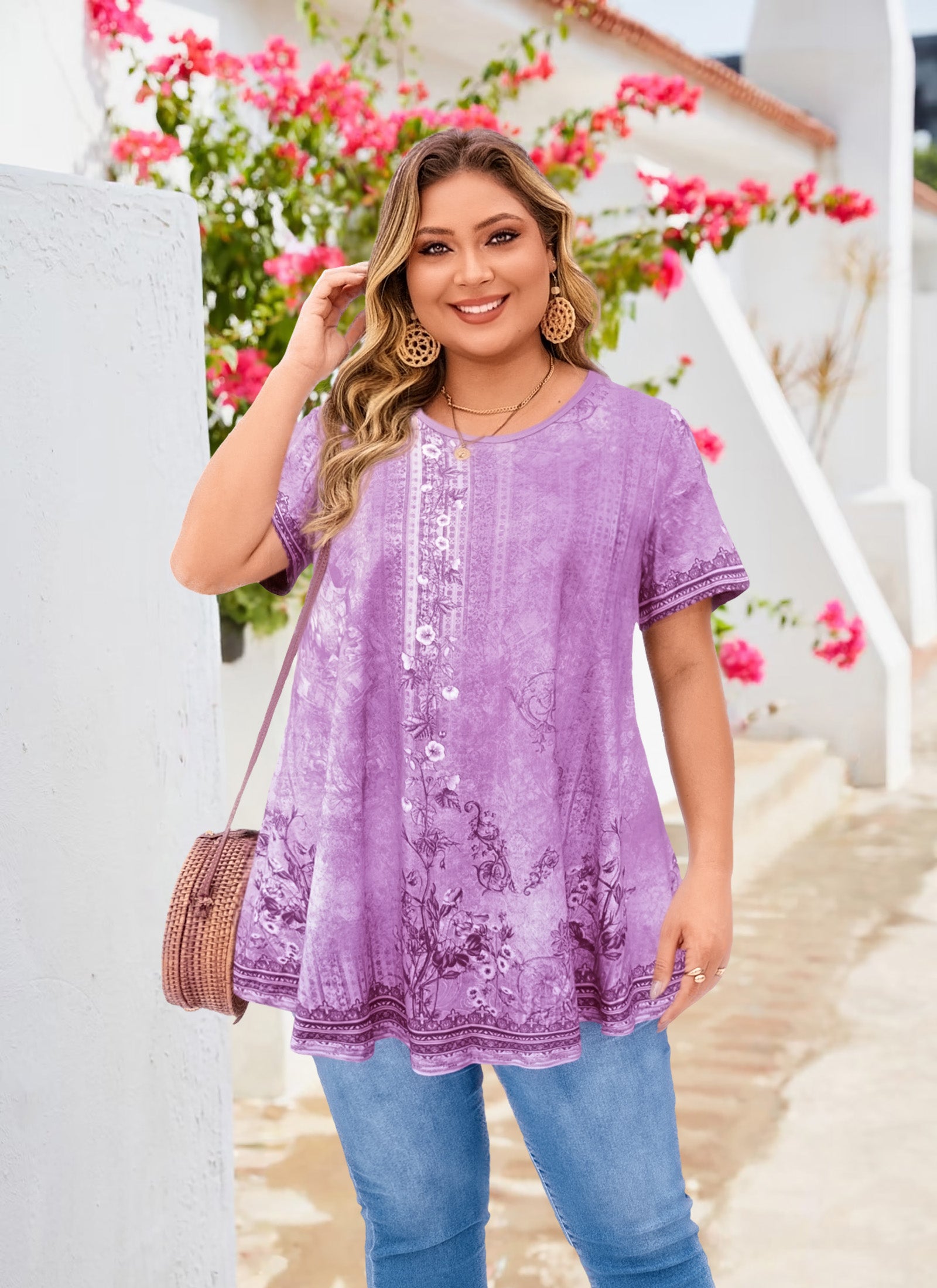 Womens Plus Size Tops Short Sleeve Swing Flare Flowy Tunic Loose Fit Summer Casual Blouses to Wear with Leggings