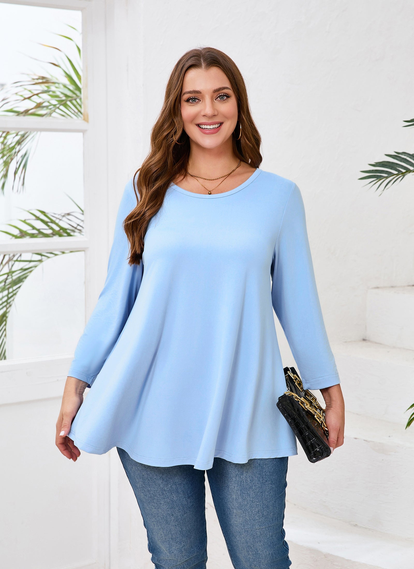 Womens Tunic Tops 3/4 Sleeve Plus Size Crew Neck Swing Flare Loose Fit T-Shirt Blouses to Wear with Leggings