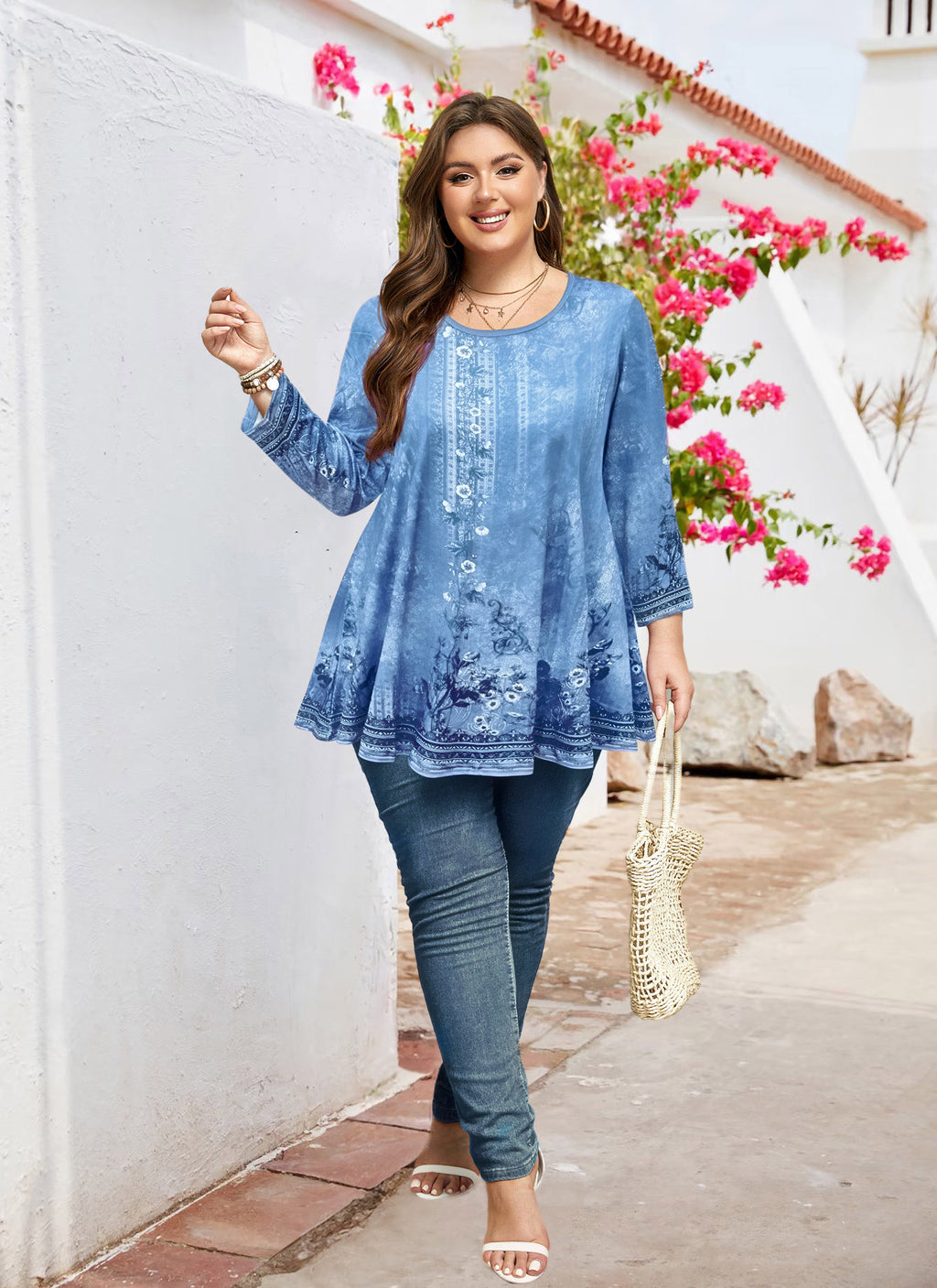 Women's Plus Size Swing Tunic Top | 3/4 Sleeve Flowy Blouse