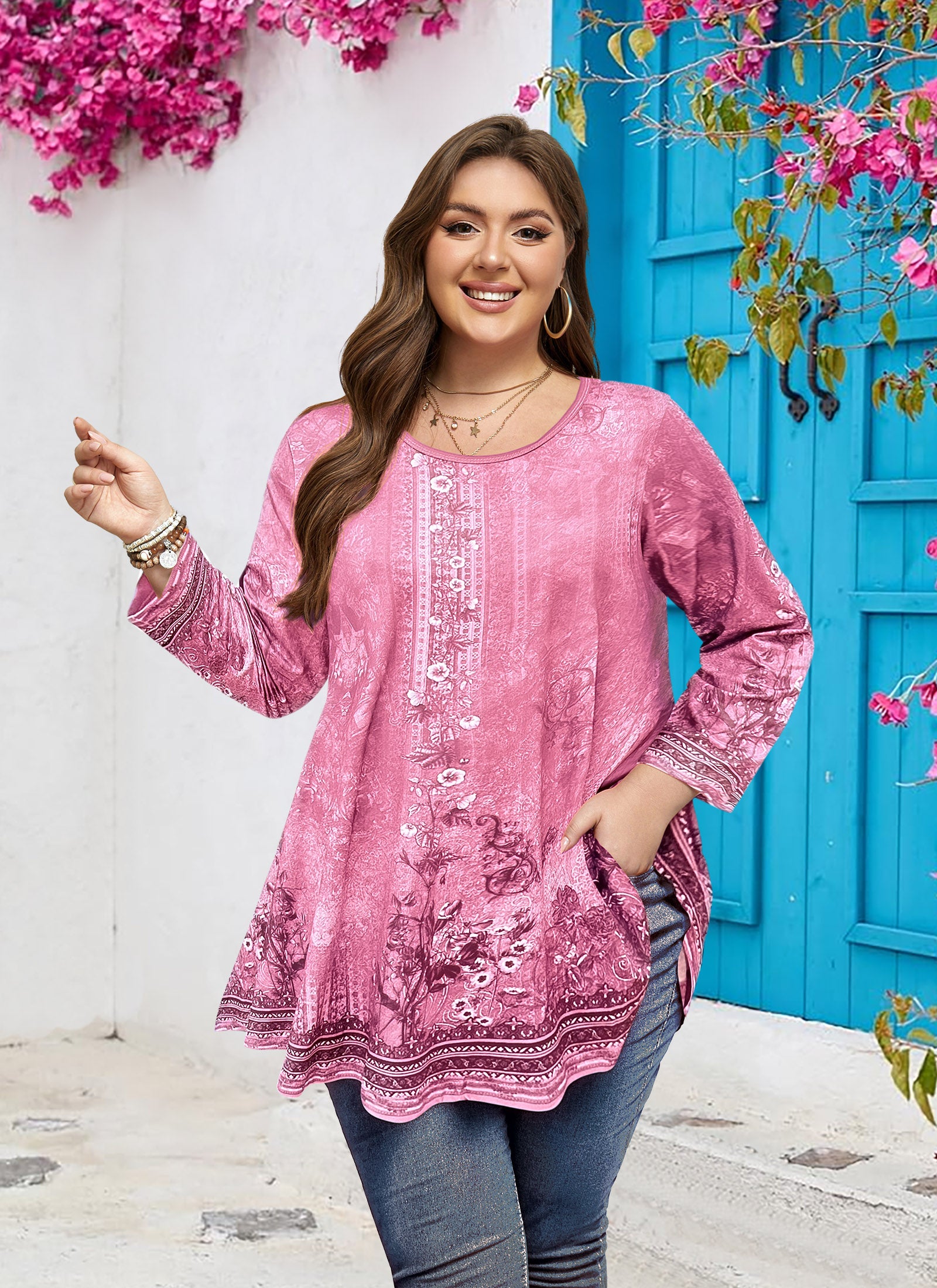 Women's Plus Size Swing Tunic Top | 3/4 Sleeve Flowy Blouse