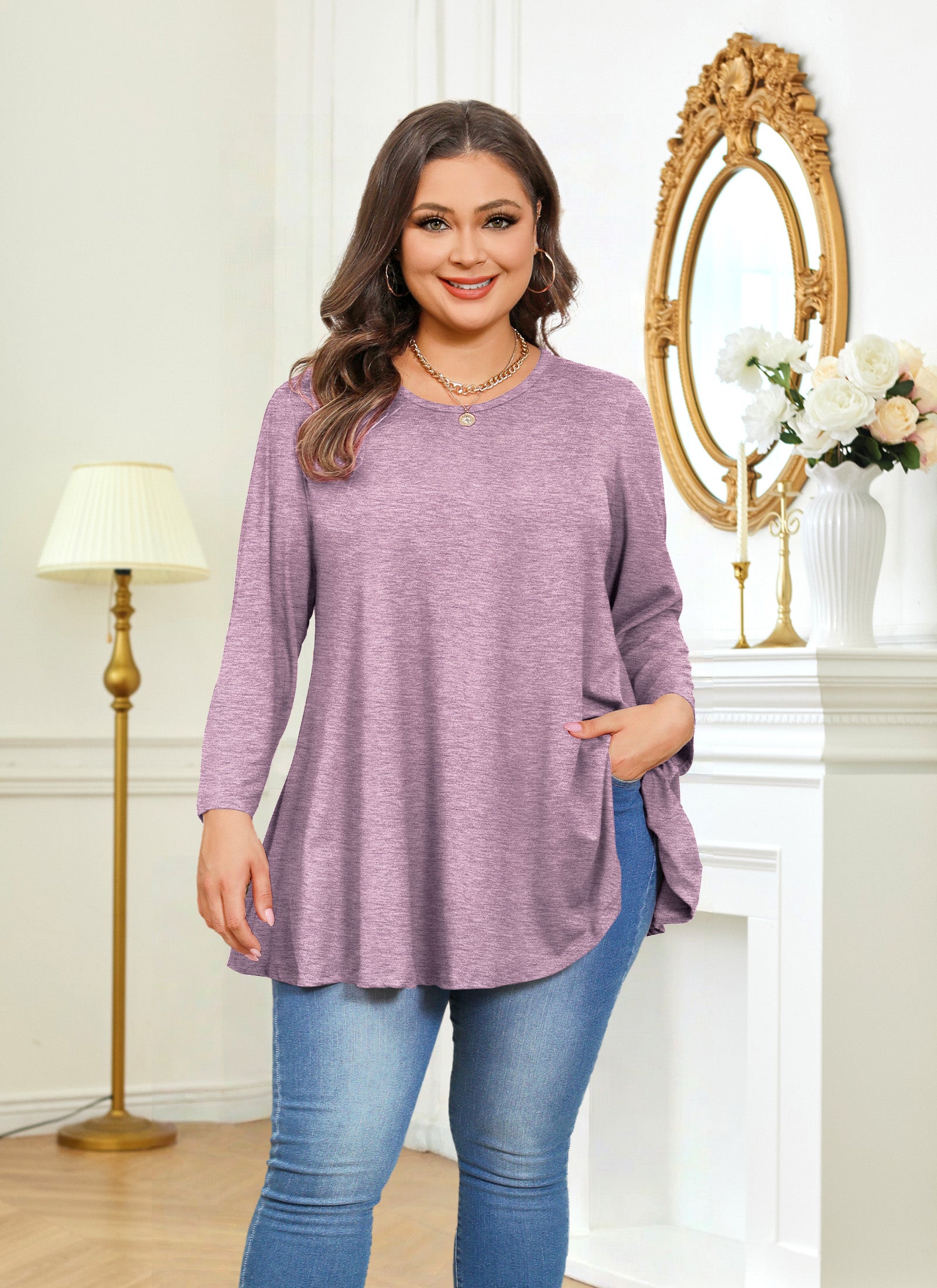 Womens Tunic 3/4 Sleeve Plus Size Tops Crew Neck Swing Flowy Loose Fit T-Shirt Blouses to Wear with Leggings
