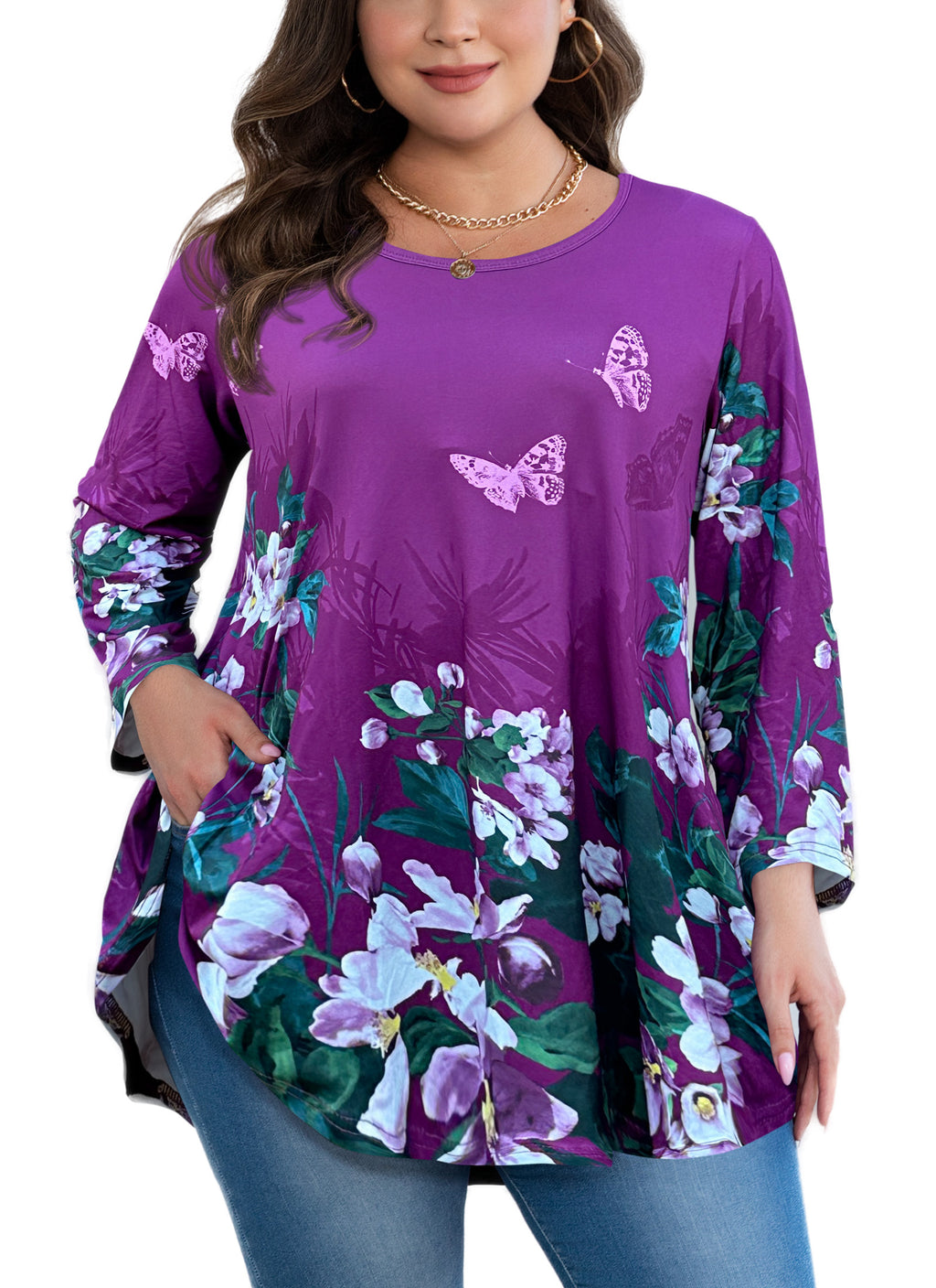 Womens Tunic 3/4 Sleeve Plus Size Tops Crew Neck Swing Flowy Loose Fit T-Shirt Blouses to Wear with Leggings
