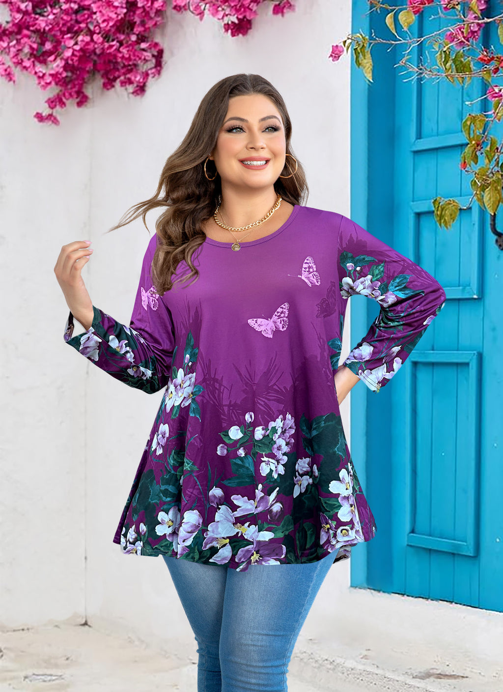 Womens Tunic 3/4 Sleeve Plus Size Tops Crew Neck Swing Flowy Loose Fit T-Shirt Blouses to Wear with Leggings