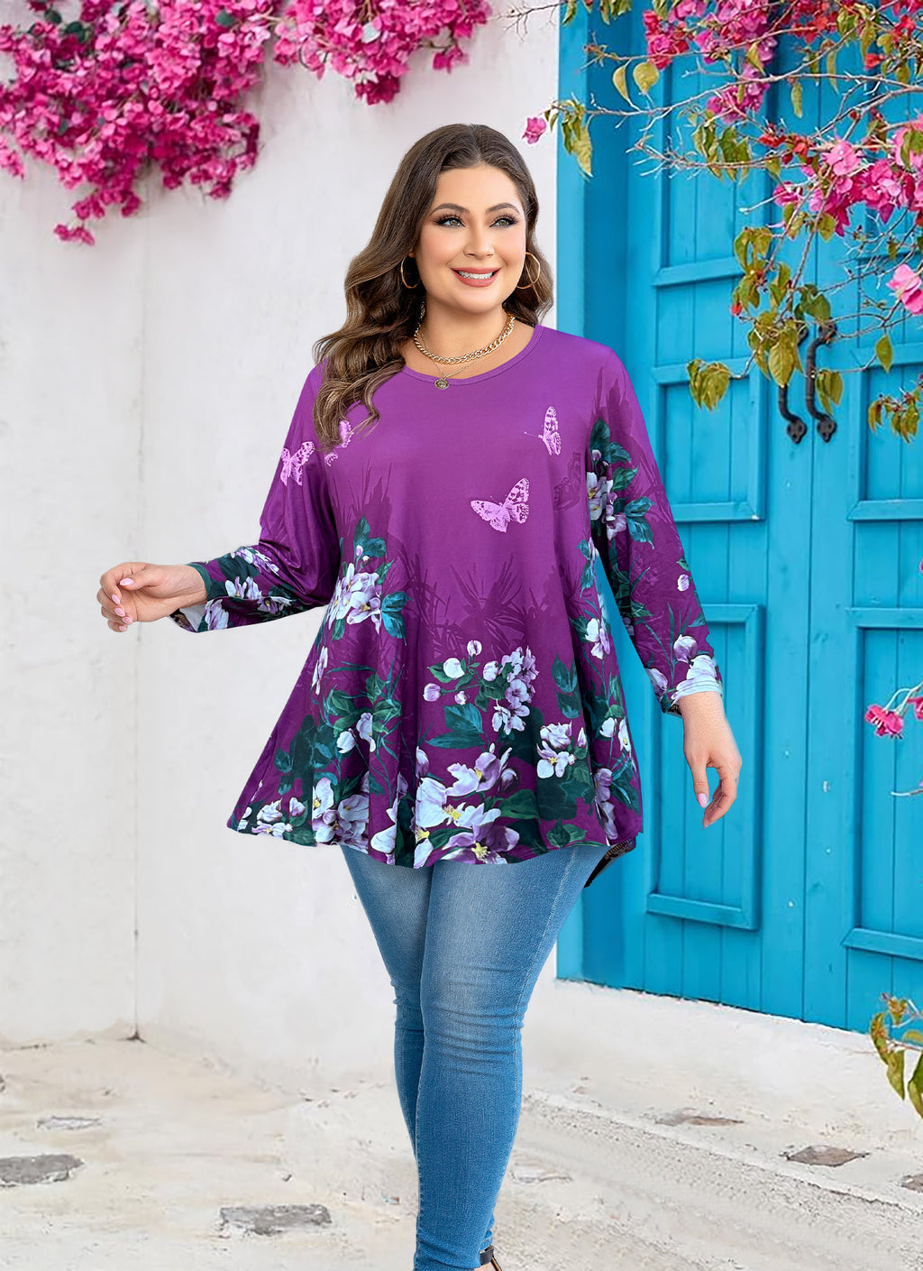 Womens Tunic 3/4 Sleeve Plus Size Tops Crew Neck Swing Flowy Loose Fit T-Shirt Blouses to Wear with Leggings