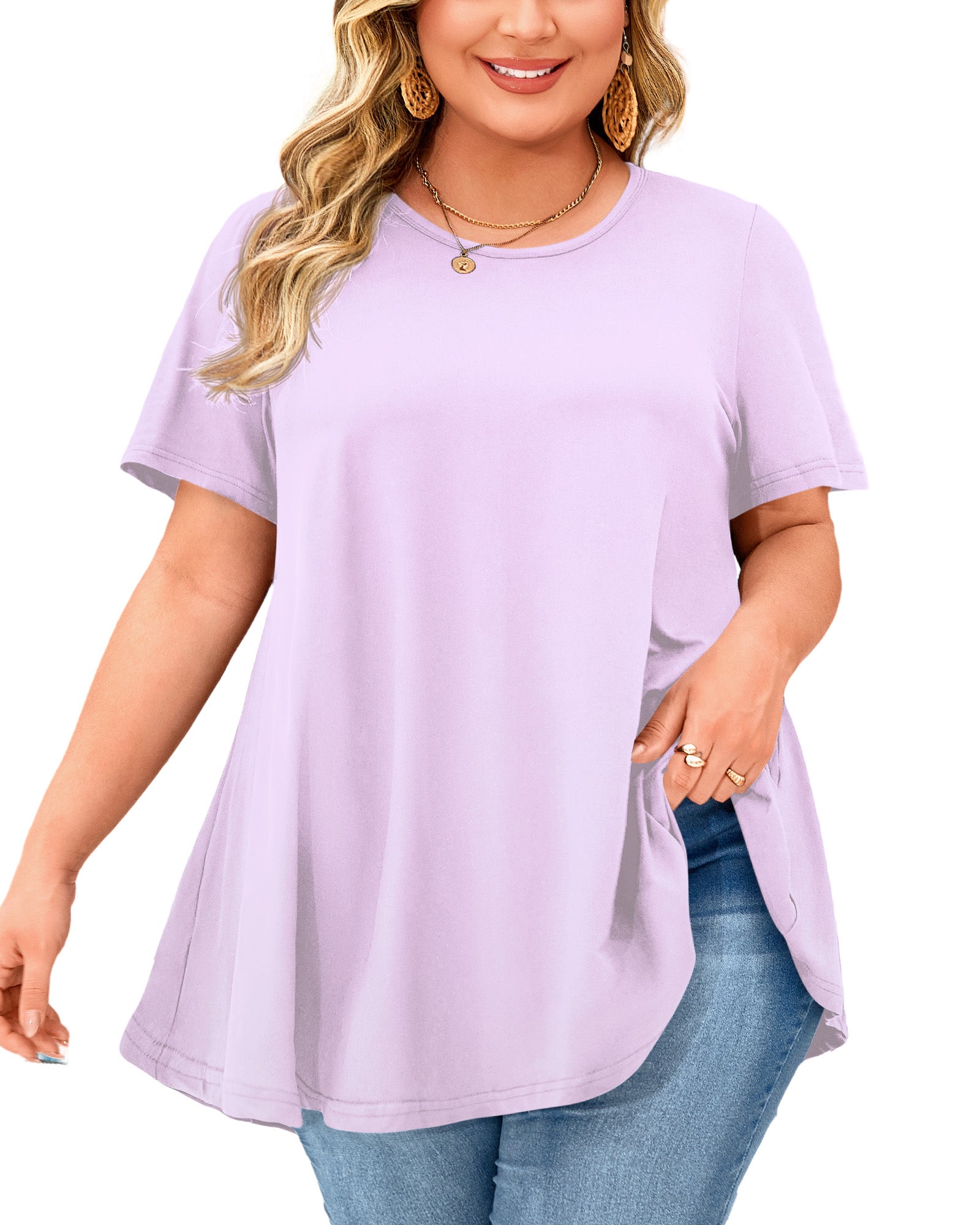 Tunic Tops for Women Plus Size Short Sleeve Crew Neck Swing Flare Loose T-Shirt Blouses to Wear with Leggings