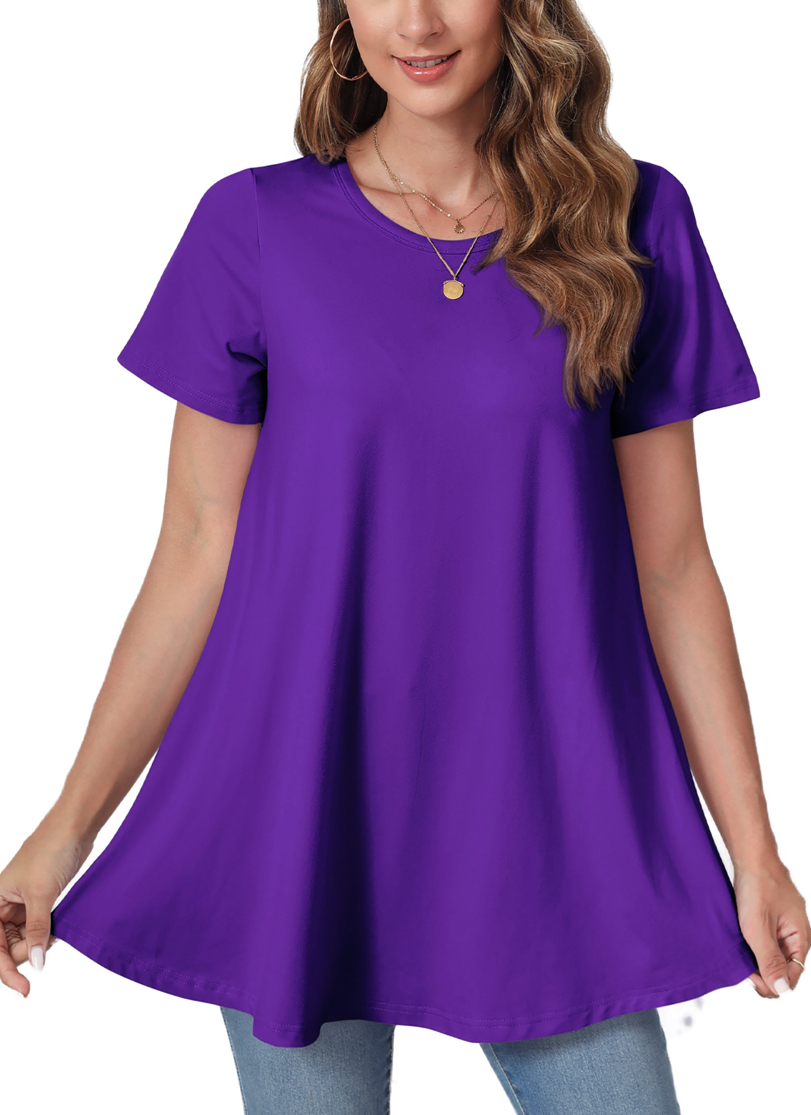 Tunic Tops for Women Plus Size Short Sleeve Crew Neck Swing Flare Loose T-Shirt Blouses to Wear with Leggings