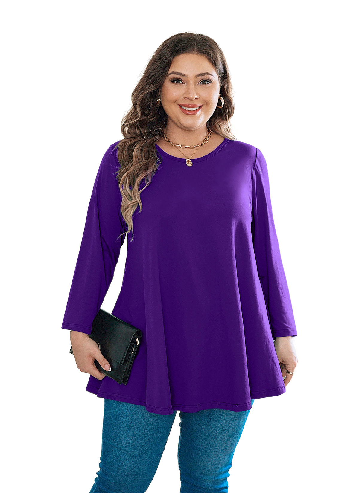 Womens Tunic Tops 3/4 Sleeve Plus Size Crew Neck Swing Flare Loose Fit T-Shirt Blouses to Wear with Leggings