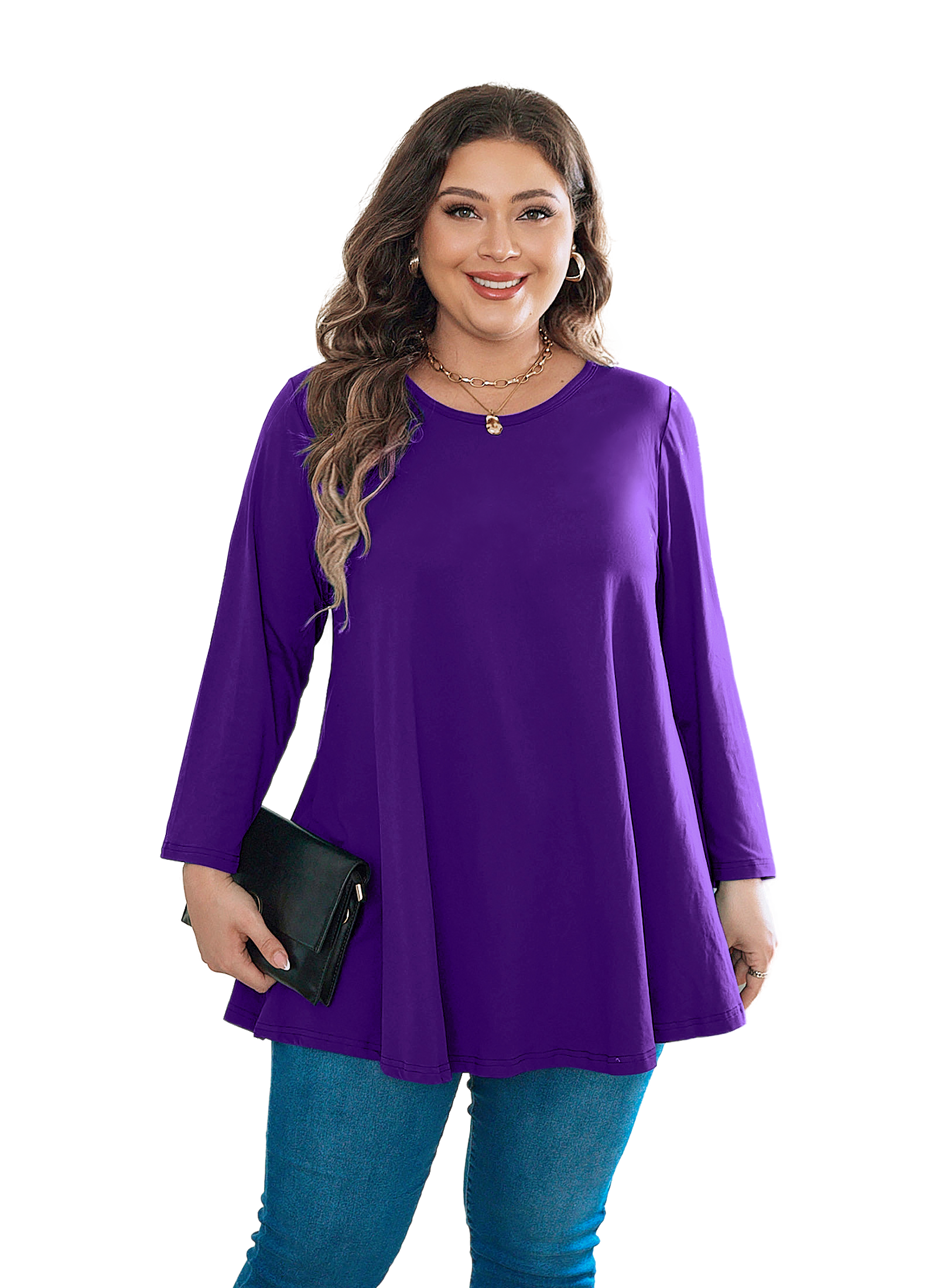 Womens Tunic Tops 3/4 Sleeve Plus Size Crew Neck Swing Flare Loose Fit T-Shirt Blouses to Wear with Leggings