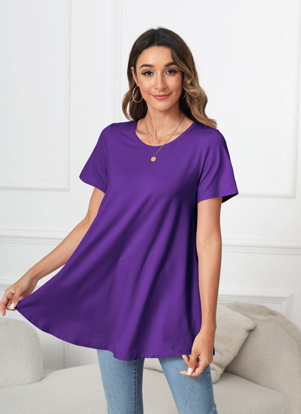 Tunic Tops for Women Plus Size Short Sleeve Crew Neck Swing Flare Loose T-Shirt Blouses to Wear with Leggings
