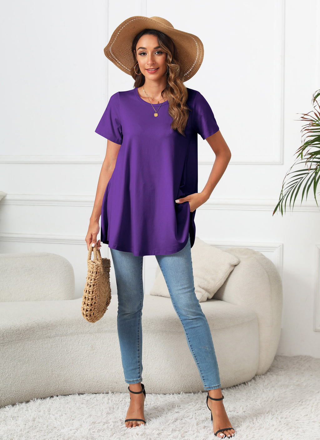 Tunic Tops for Women Plus Size Short Sleeve Crew Neck Swing Flare Loose T-Shirt Blouses to Wear with Leggings
