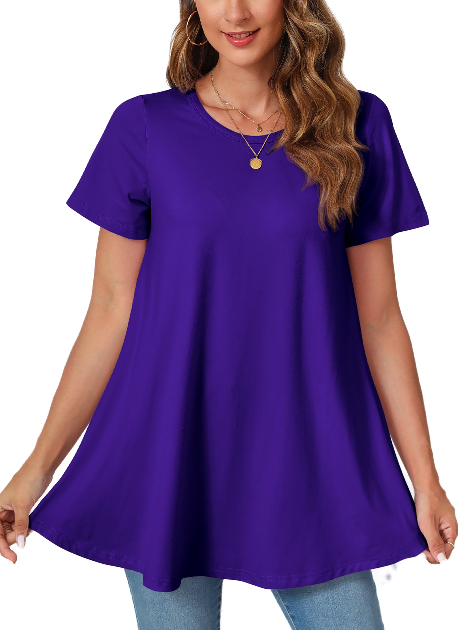 Tunic Tops for Women Plus Size Short Sleeve Crew Neck Swing Flare Loose T-Shirt Blouses to Wear with Leggings