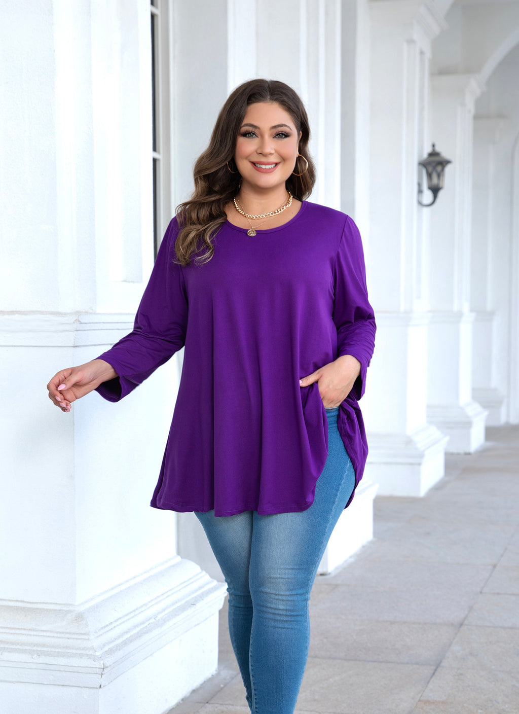 Womens Tunic Tops 3/4 Sleeve Plus Size Crew Neck Swing Flare Loose Fit T-Shirt Blouses to Wear with Leggings