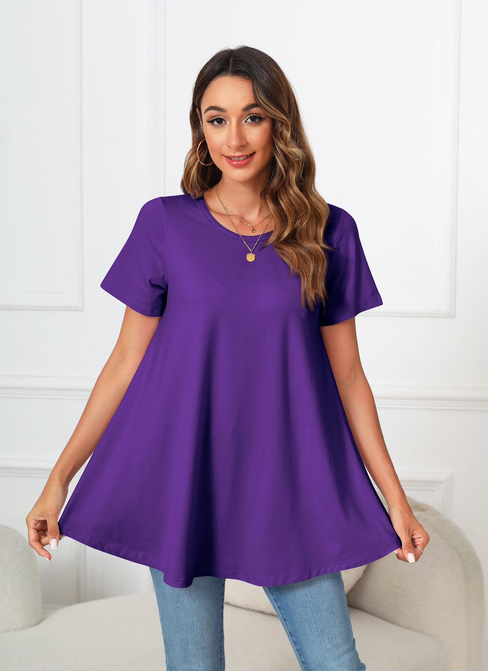 Tunic Tops for Women Plus Size Short Sleeve Crew Neck Swing Flare Loose T-Shirt Blouses to Wear with Leggings