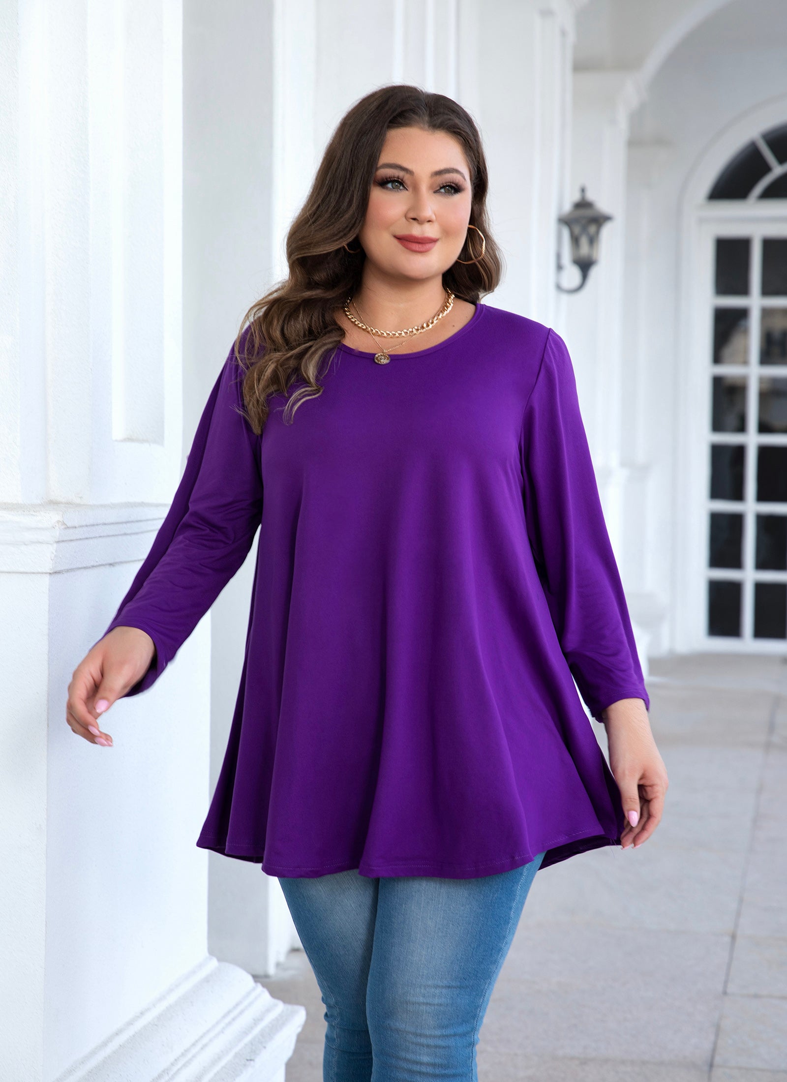 Womens Tunic Tops 3/4 Sleeve Plus Size Crew Neck Swing Flare Loose Fit T-Shirt Blouses to Wear with Leggings