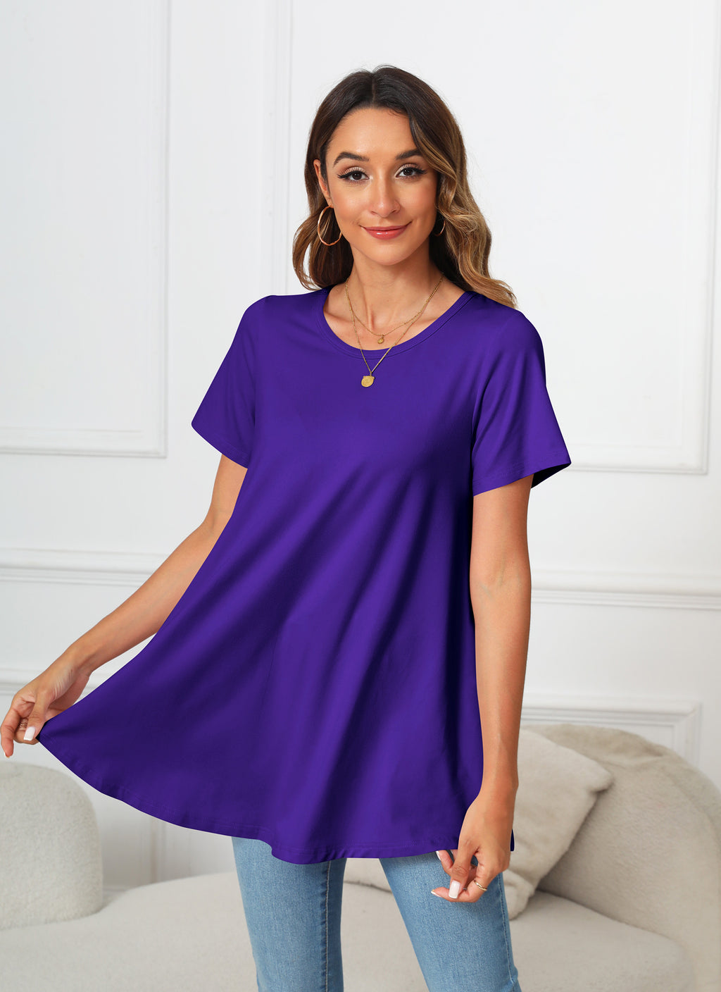 Tunic Tops for Women Plus Size Short Sleeve Crew Neck Swing Flare Loose T-Shirt Blouses to Wear with Leggings