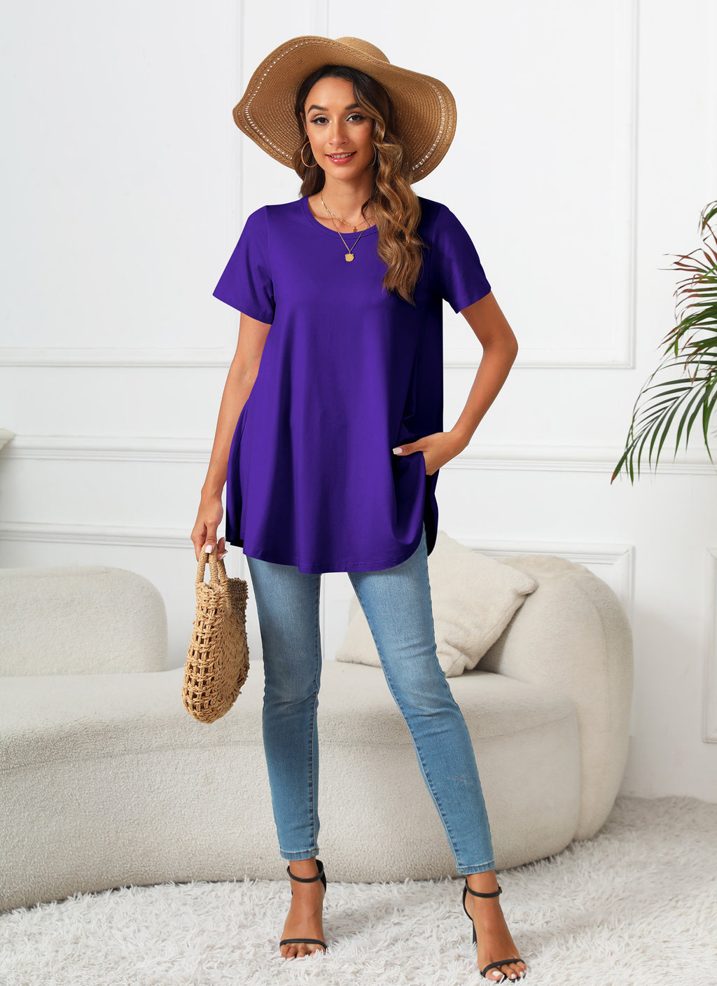 Tunic Tops for Women Plus Size Short Sleeve Crew Neck Swing Flare Loose T-Shirt Blouses to Wear with Leggings