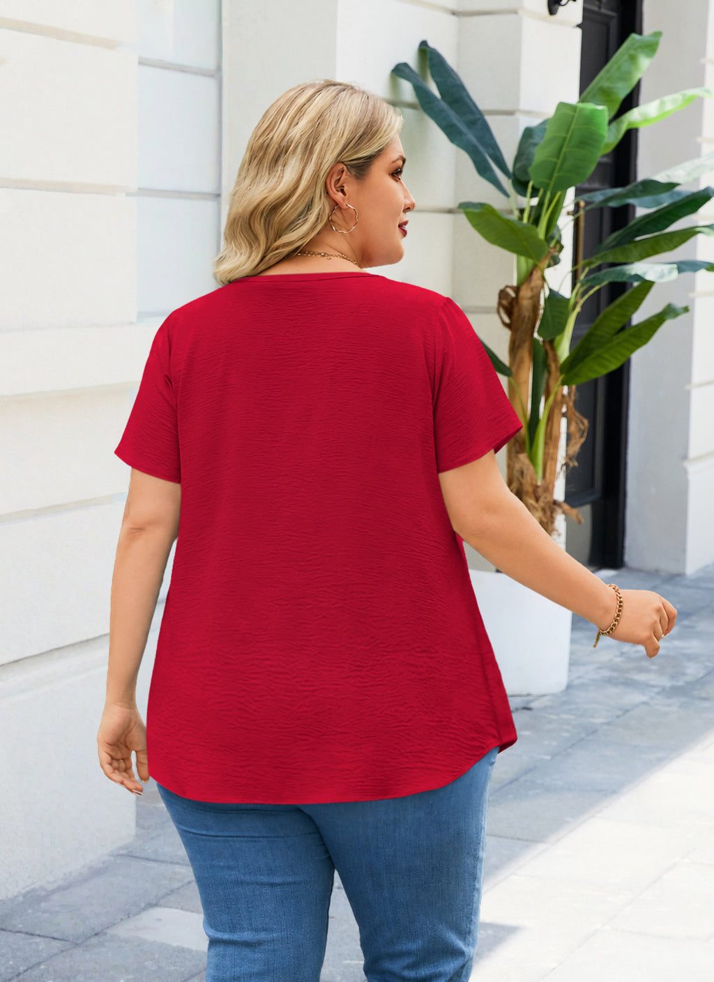 Women's V-Neck Floral Lace Trim Blouse – Loose Fit Plus Size Top, Red