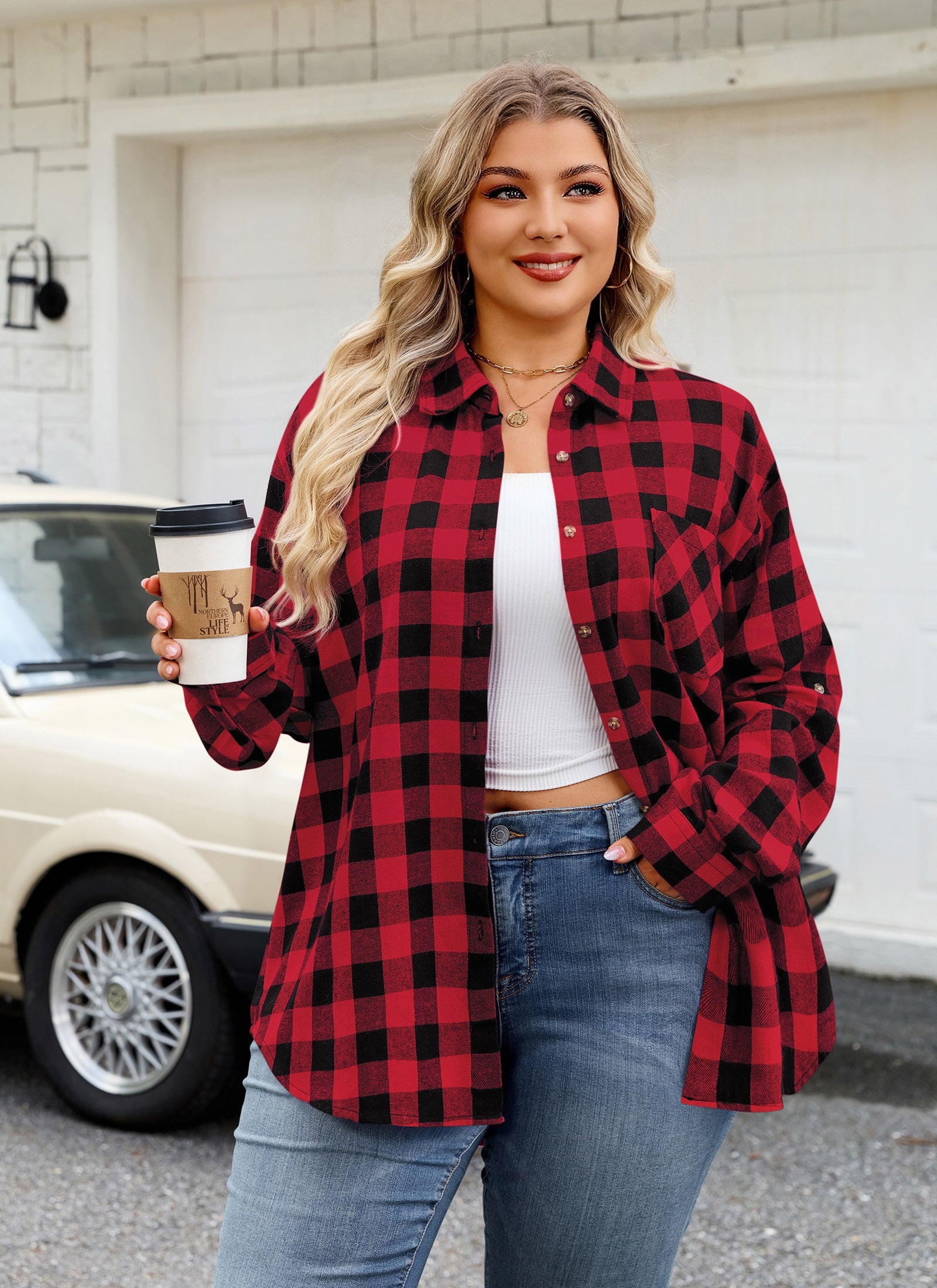 Womens Plus Size Flannel Shirts Long Sleeve Button Down Plaid Shirt Roll Up Oversize Checkered Blouse Top Fall