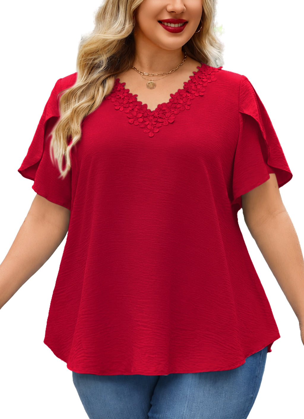 Women's V-Neck Floral Lace Trim Blouse – Loose Fit Plus Size Top, Red
